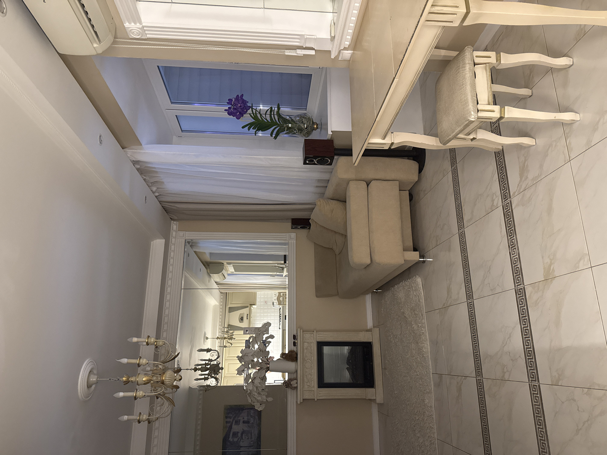 Inside a quiet Moscow apartment, living room and kitchen.