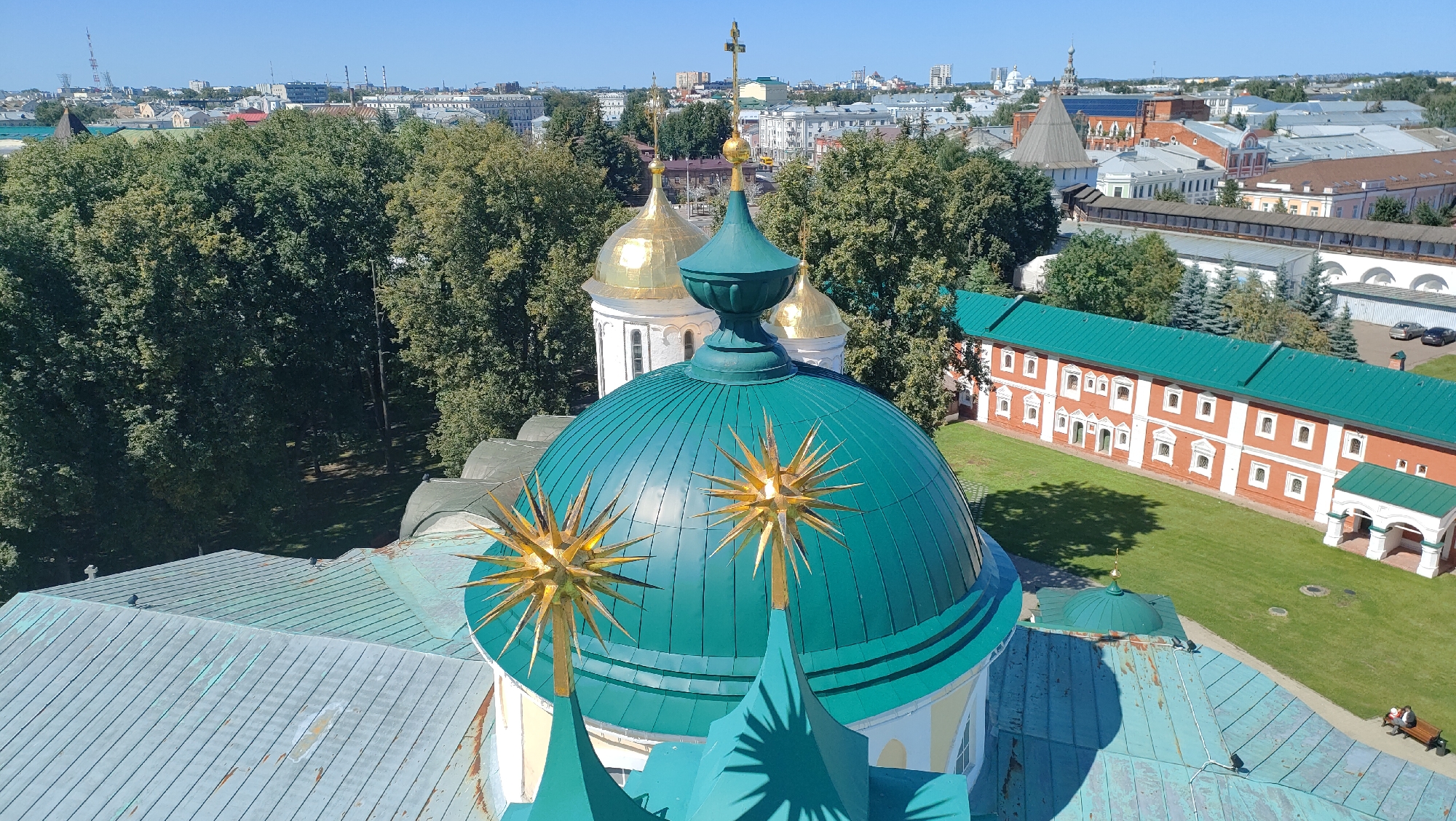 Aerial views over Yaroslavl's Kremlin and riverfront