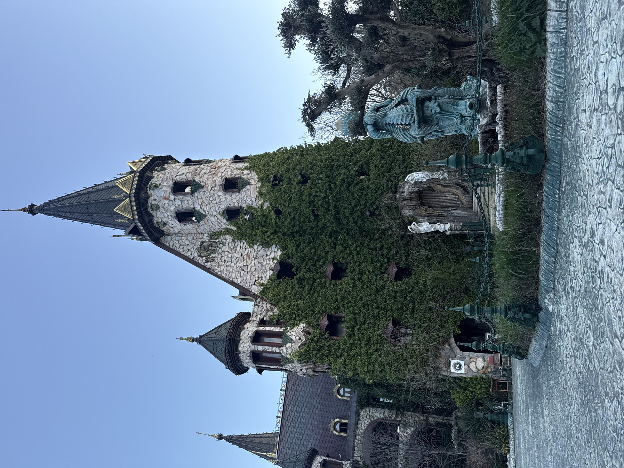 Medieval castle tower with ivy observed by witness