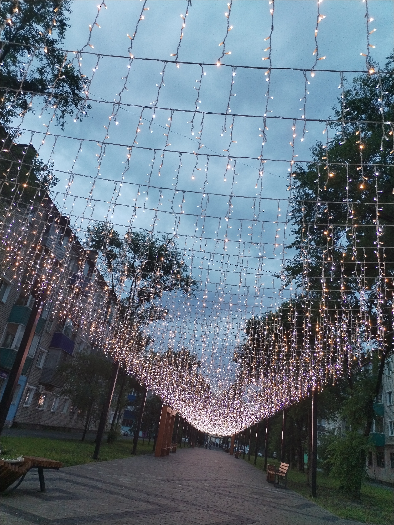 Rainy evening drive with a shawarma stop and fairy-lit walkway