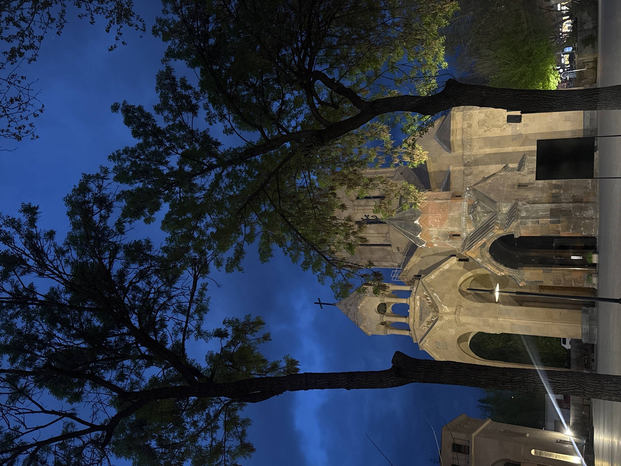 Evening photography documents historic churches in Yerevan, Armenia