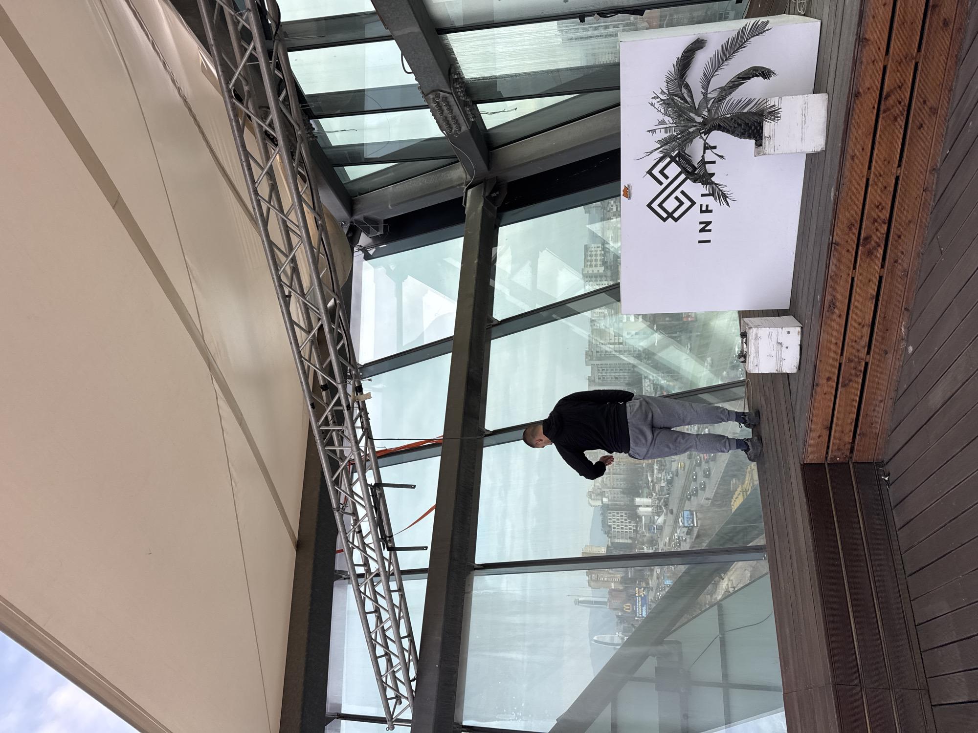 Visitor explores Sofia high-rise observation deck and rooftop areas