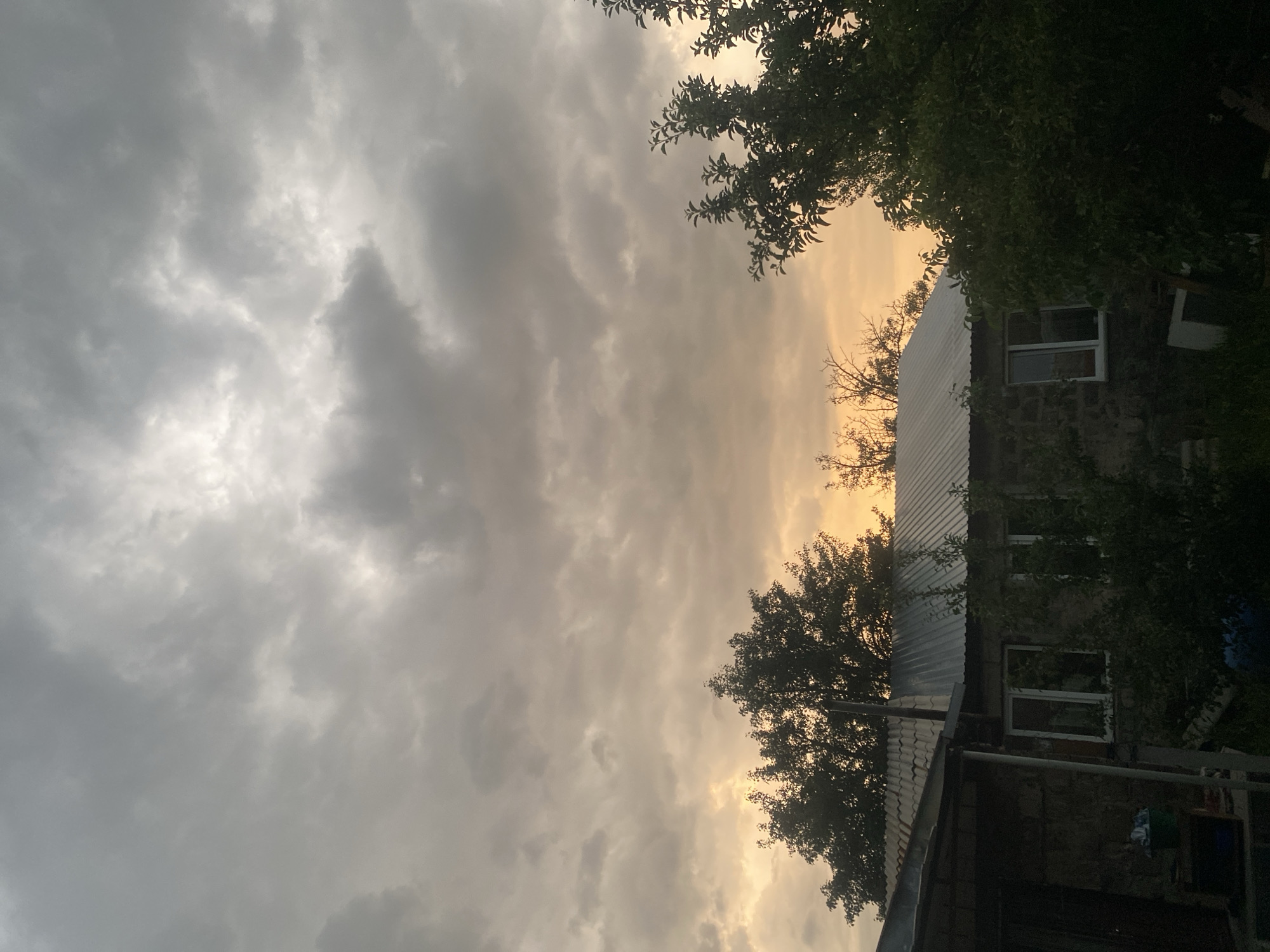 Overcast skies, a smokestack, and sleepy dogs at a rural property
