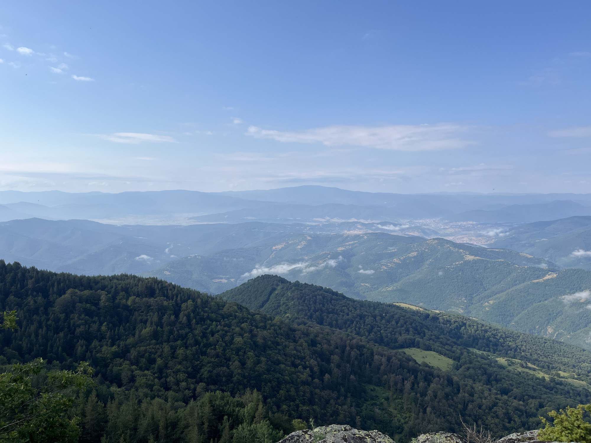Steep forested mountainside near Simeonovets under clear summer skies