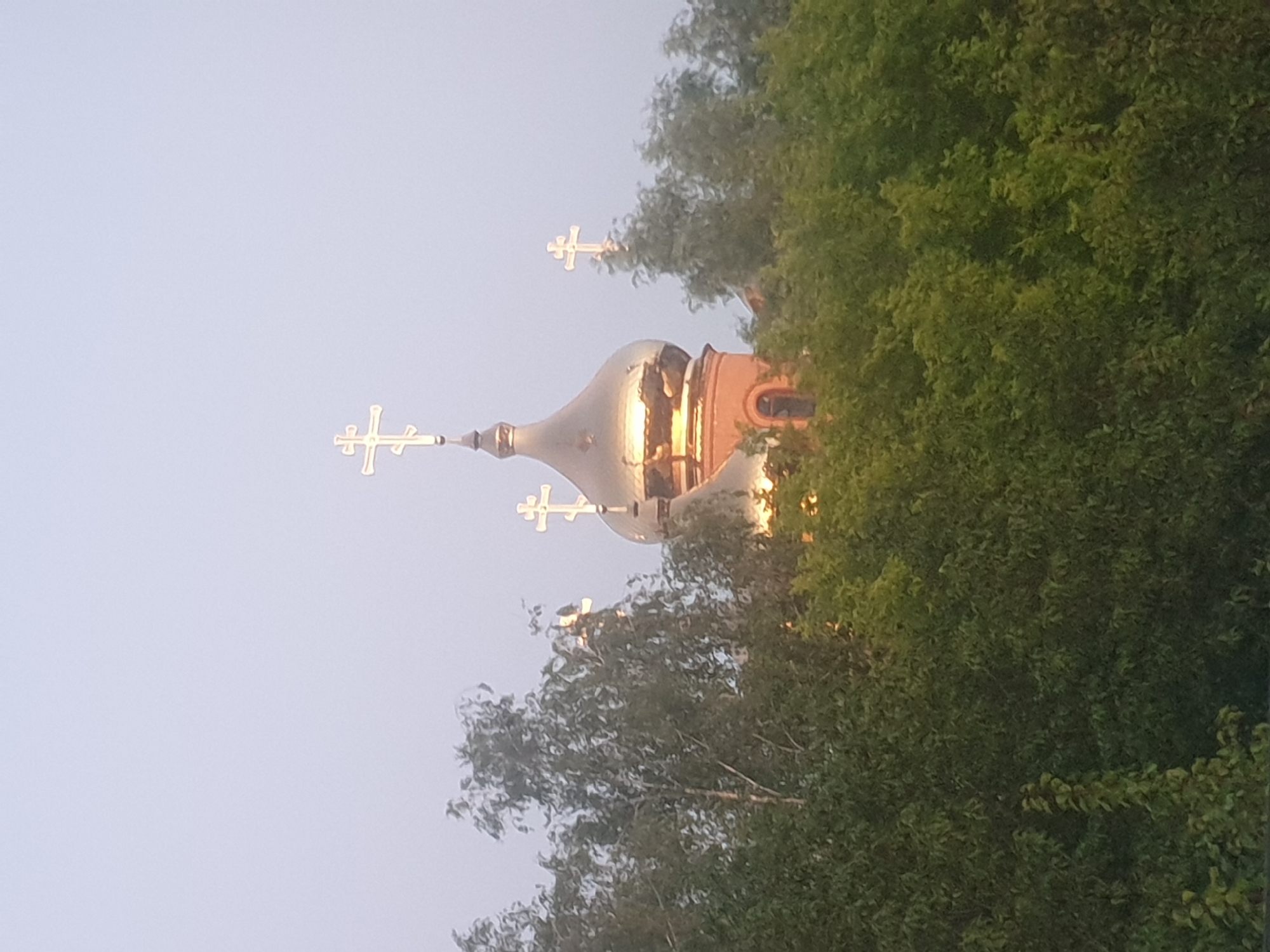 Golden Orthodox dome glimpsed through treetops on a sunny afternoon
