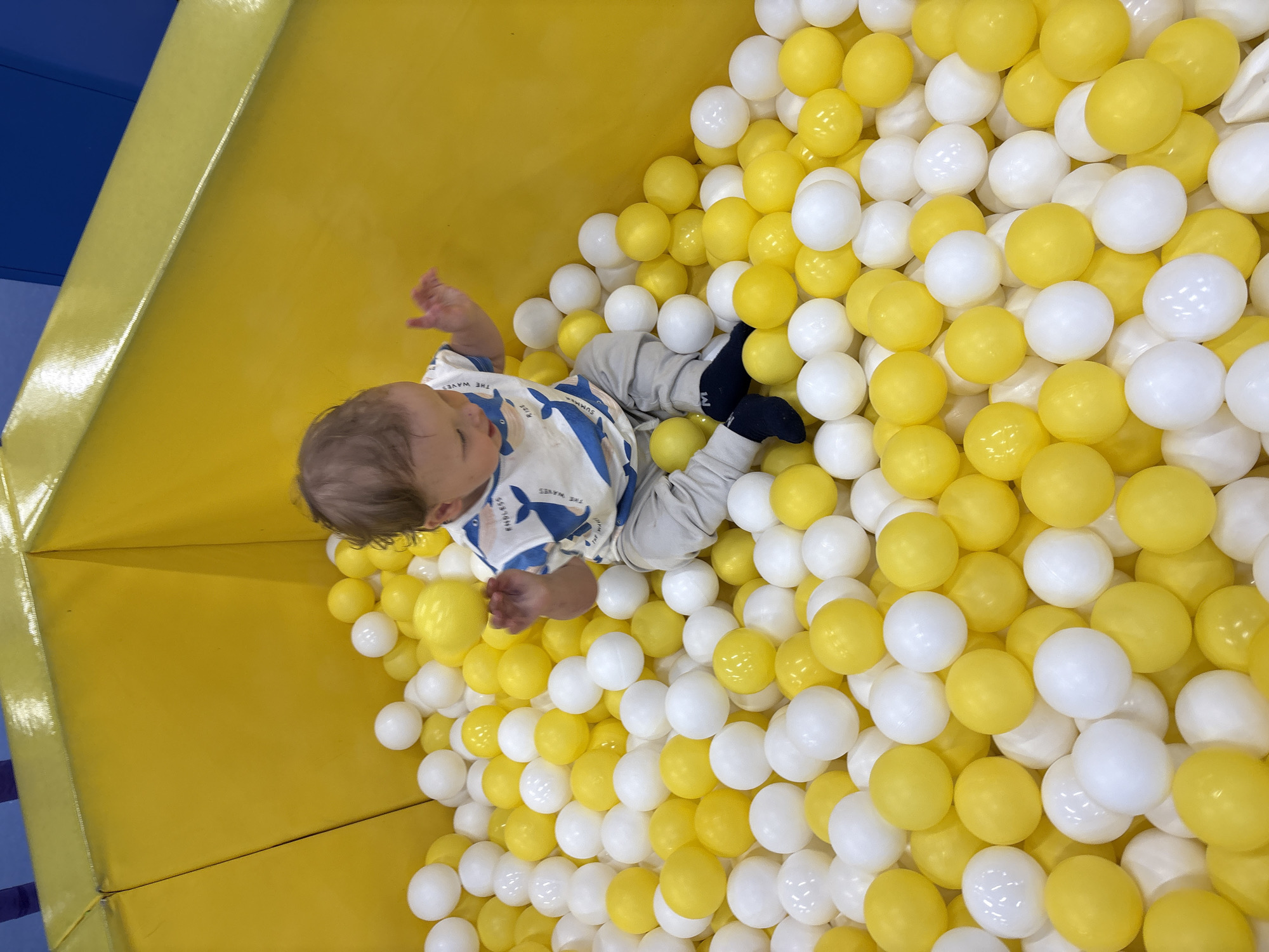 Child plays in colorful ball pit in Izhevsk
