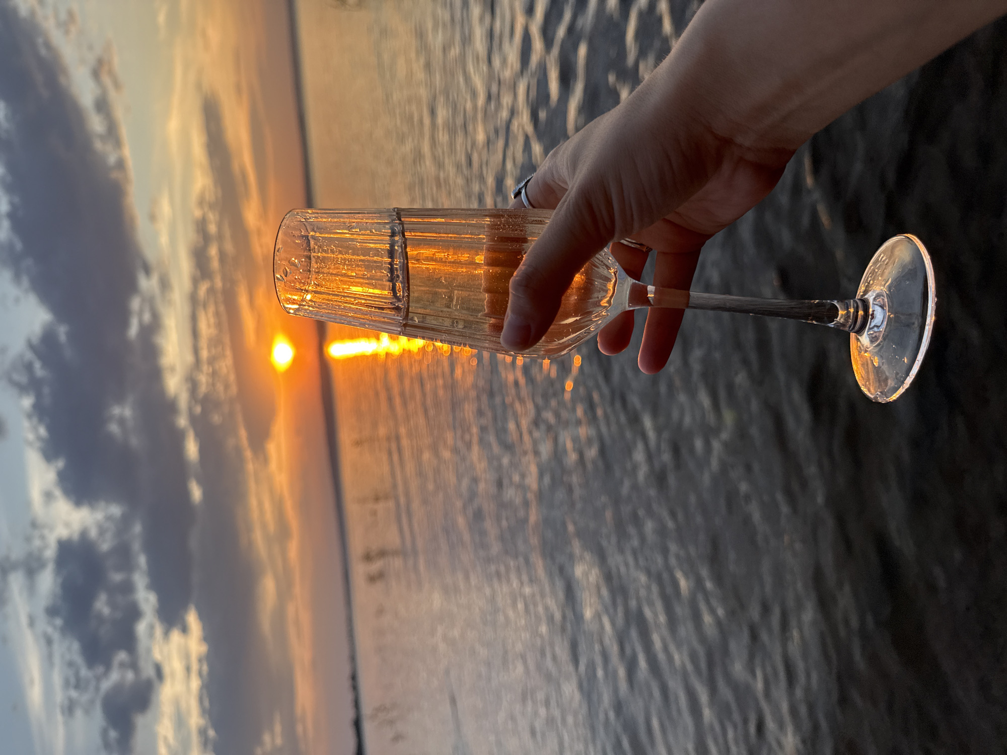 Champagne toast at golden hour over the water