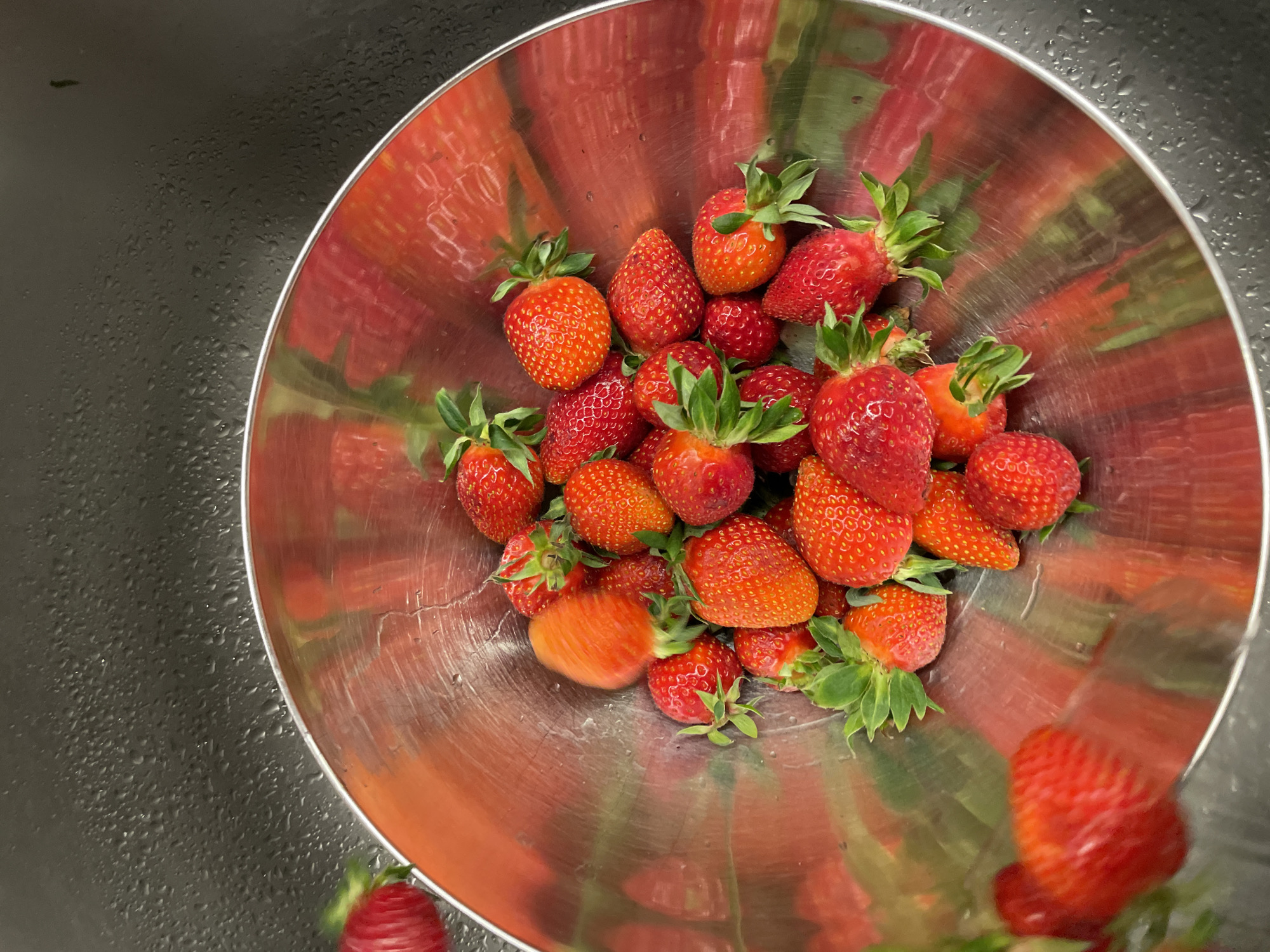 Bowl of fresh strawberries observed on wet surface in Montenegro