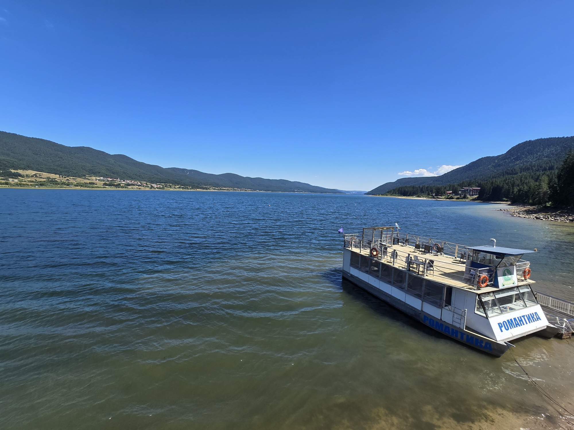 Romantika boat docked on Dospat Reservoir, Sarnitsa