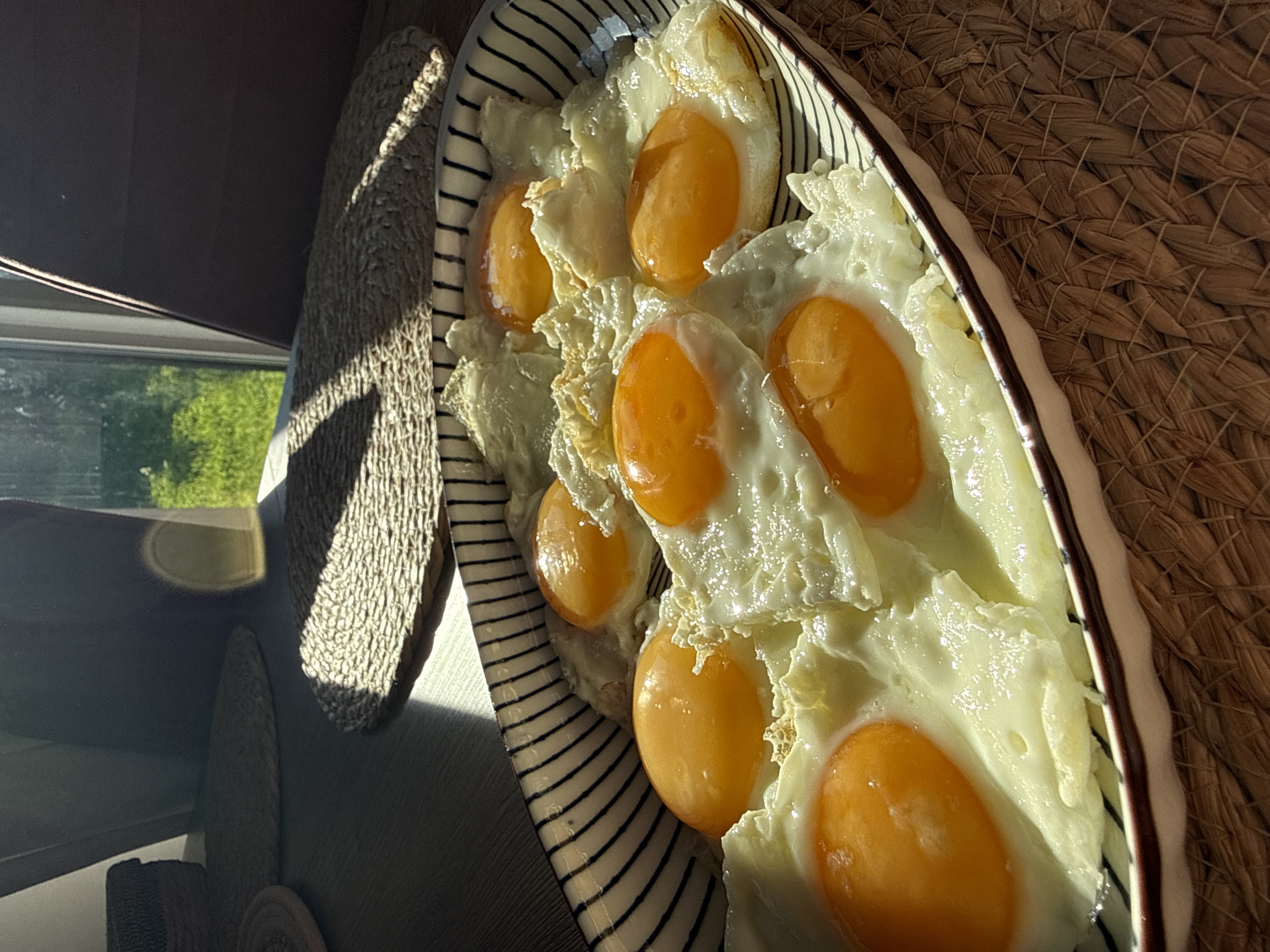 Seven fried eggs arranged on white platter in Izhevsk