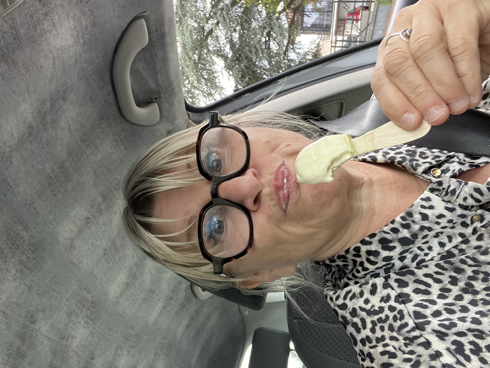 Woman eats with wooden spoon in car, #Tradition posted