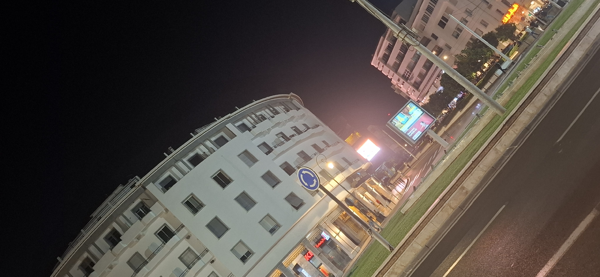 Nighttime street scenes captured in illuminated Rabat, Morocco