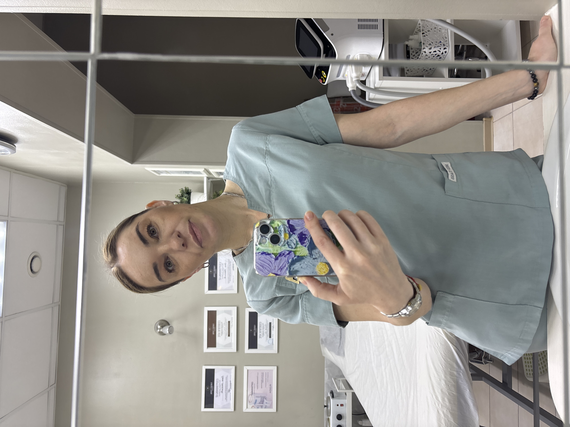 Medical worker Anna documents shift with selfies at facility