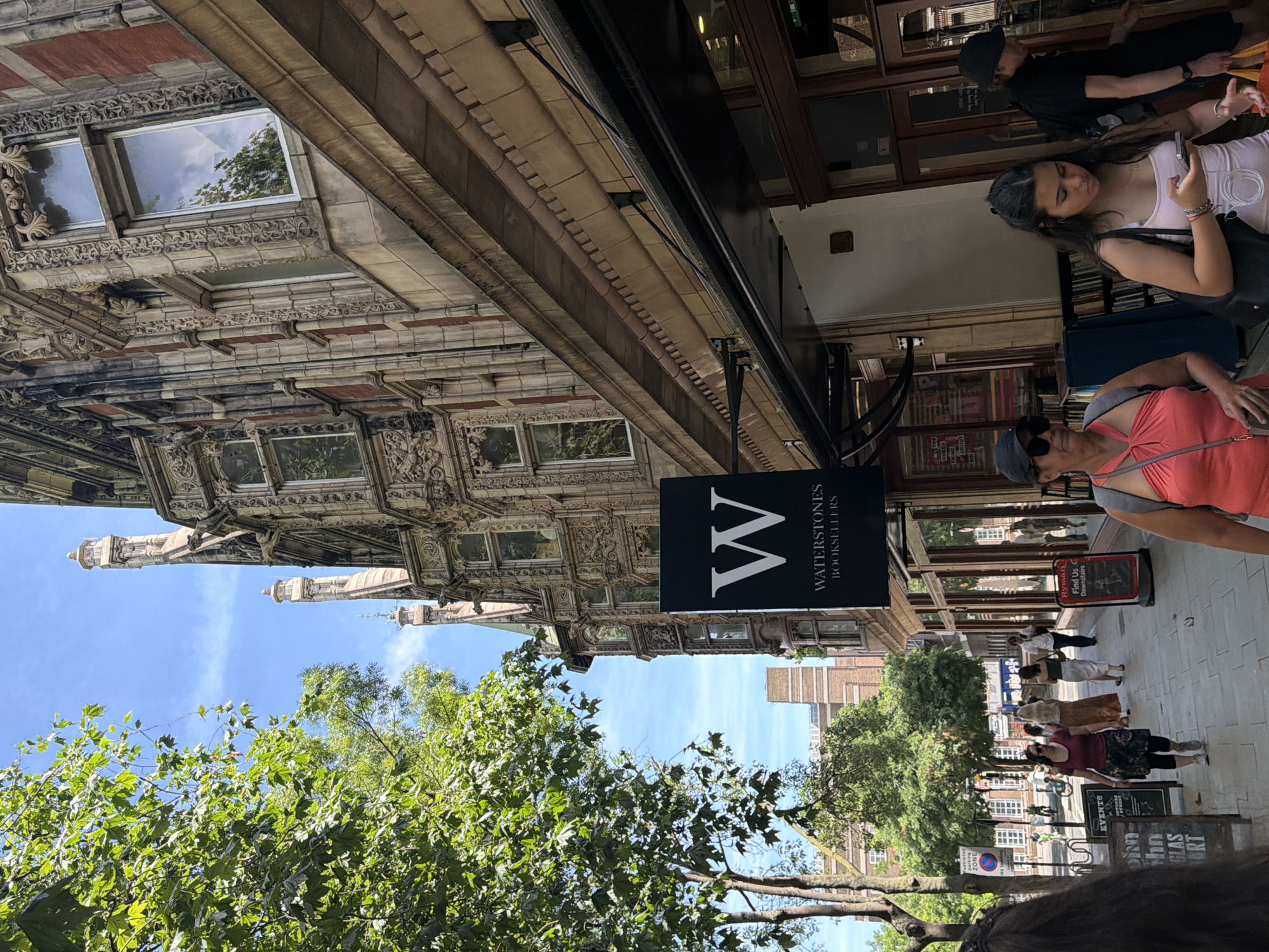 Street-level scenes around Gower Street's Waterstones bookstore