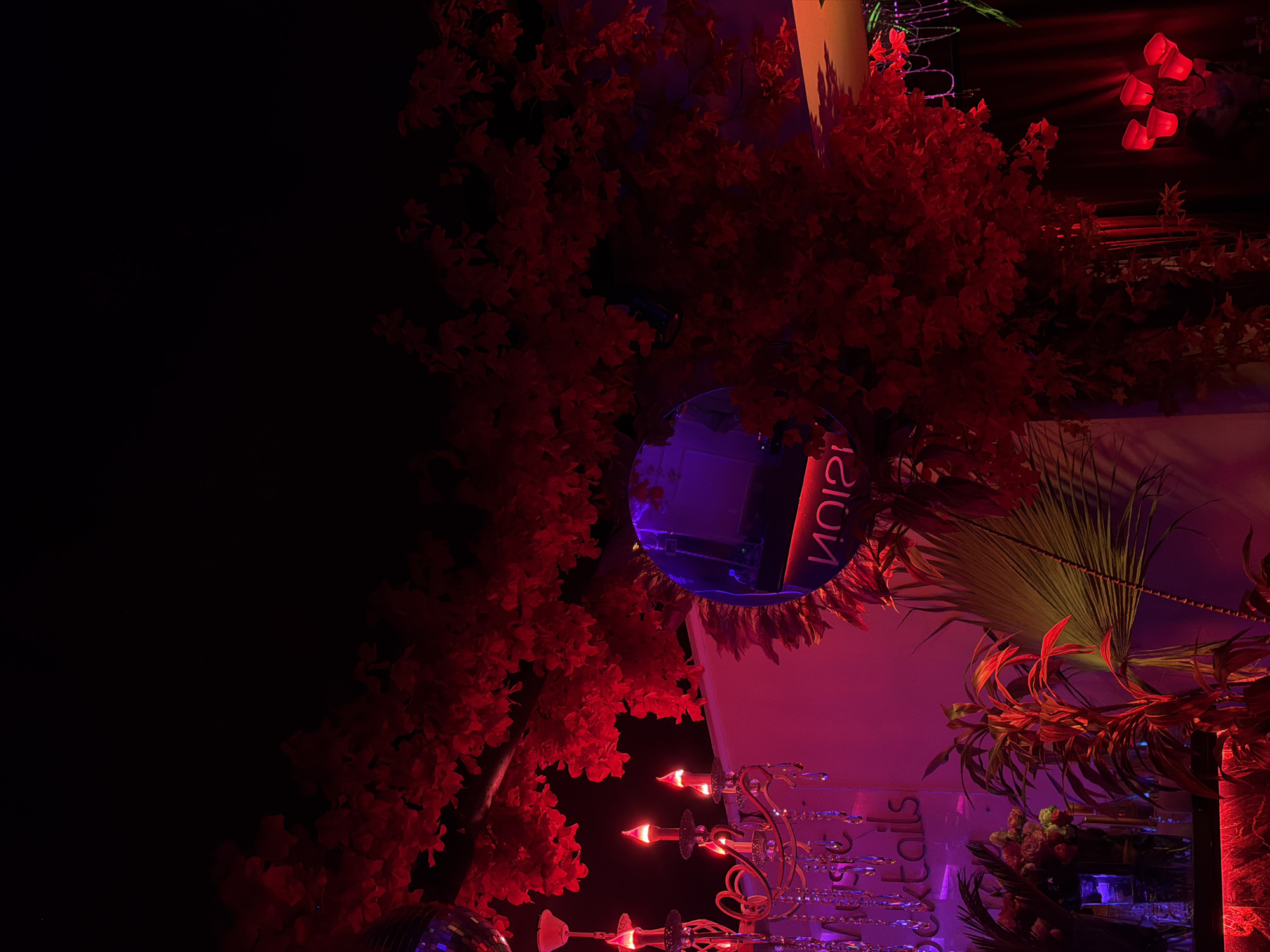 Nightclub interior captured in Yerevan featuring vibrant lighting, decorations