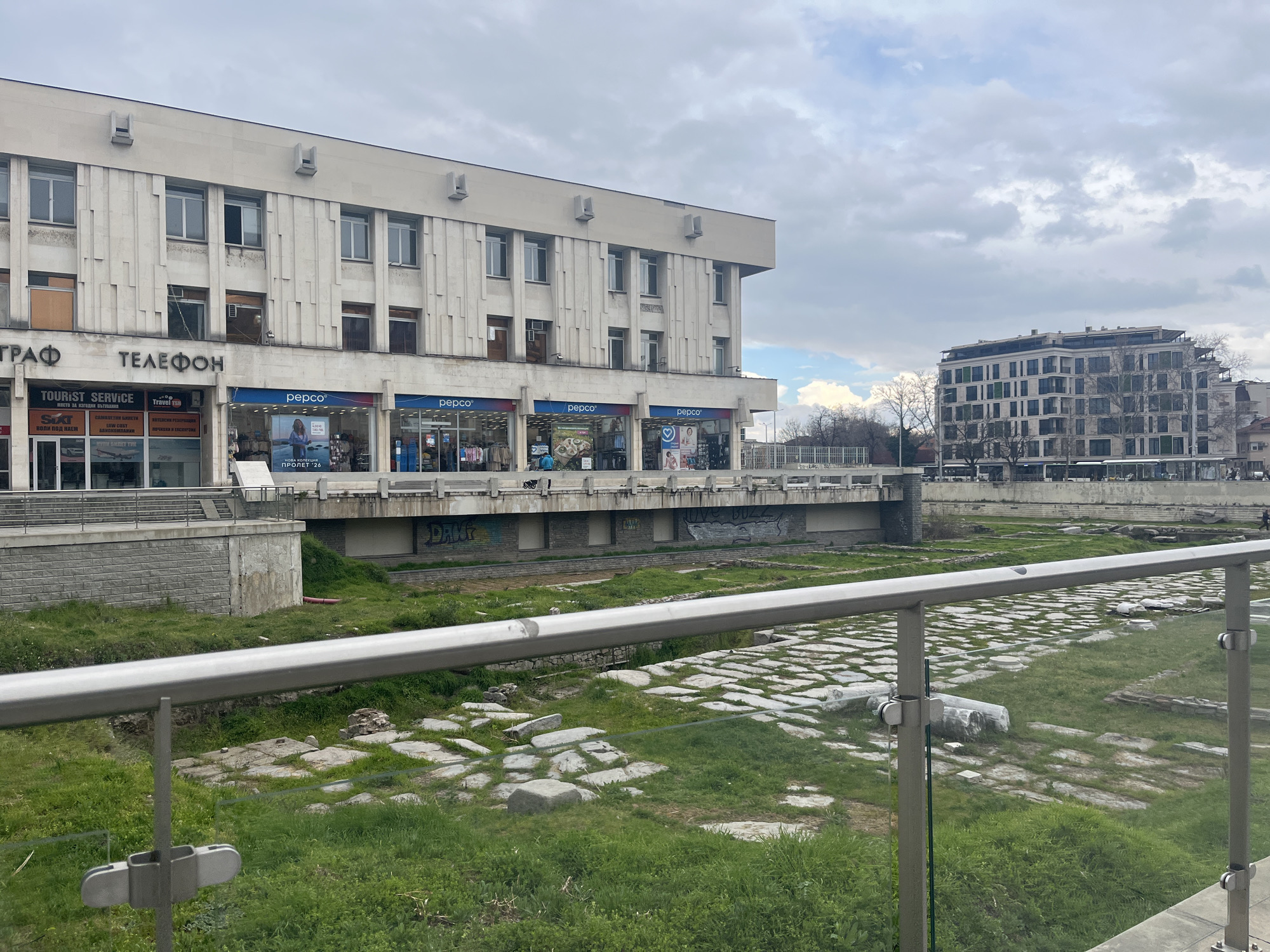 Urban scenes documented across Plovdiv including Roman ruins, construction