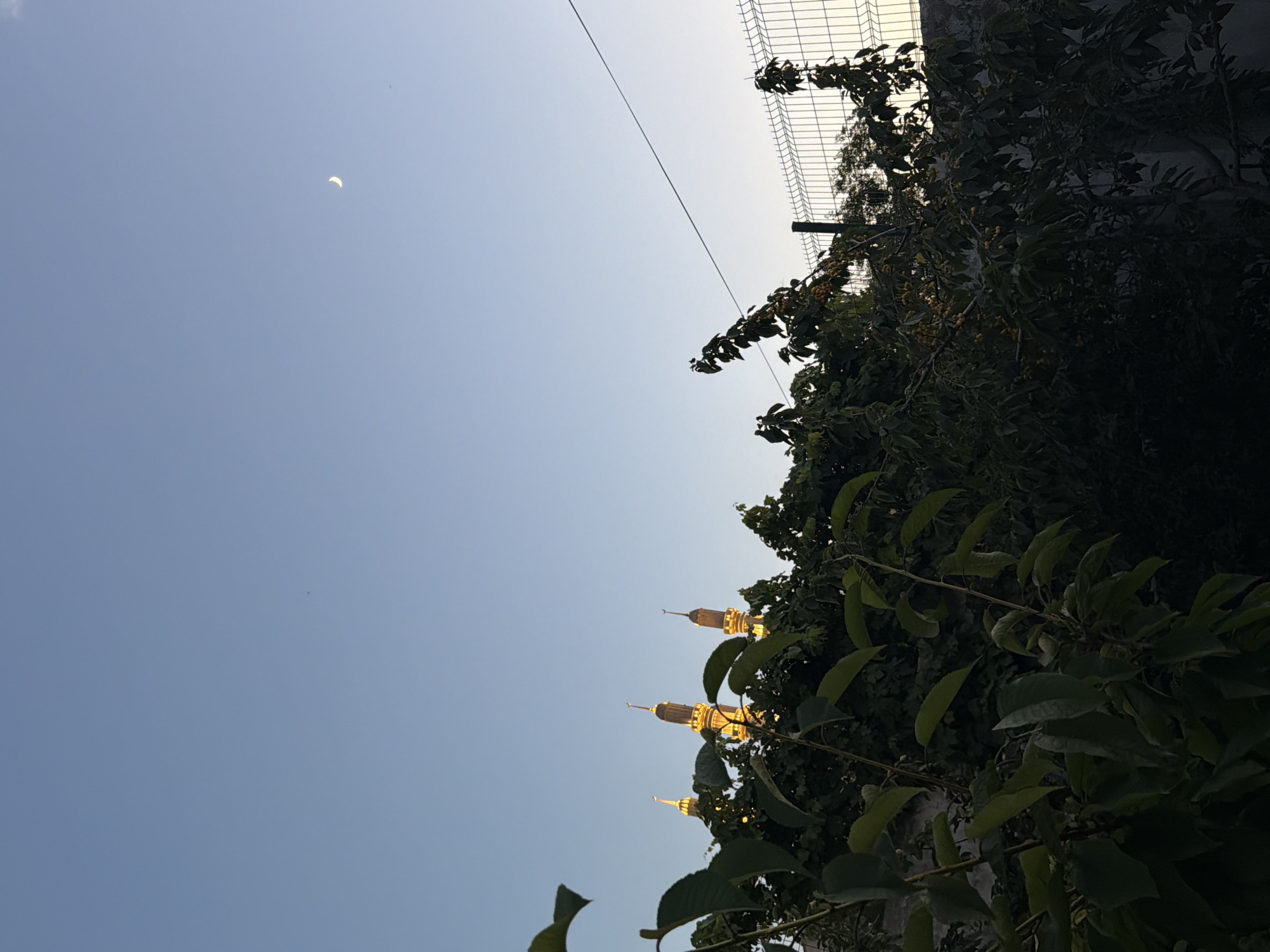 Crescent moon evening with garden scenes and mosque minarets
