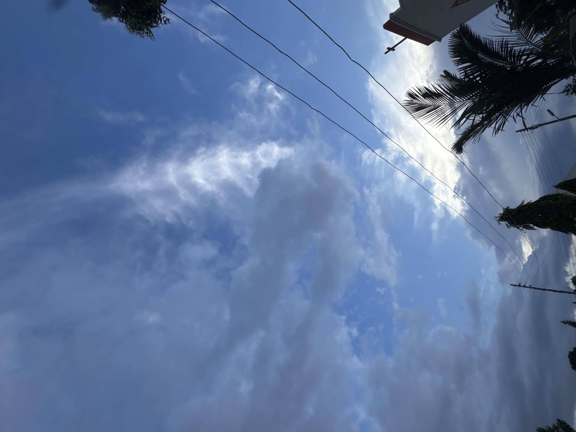 Looking up at a cloudy urban sky through power lines