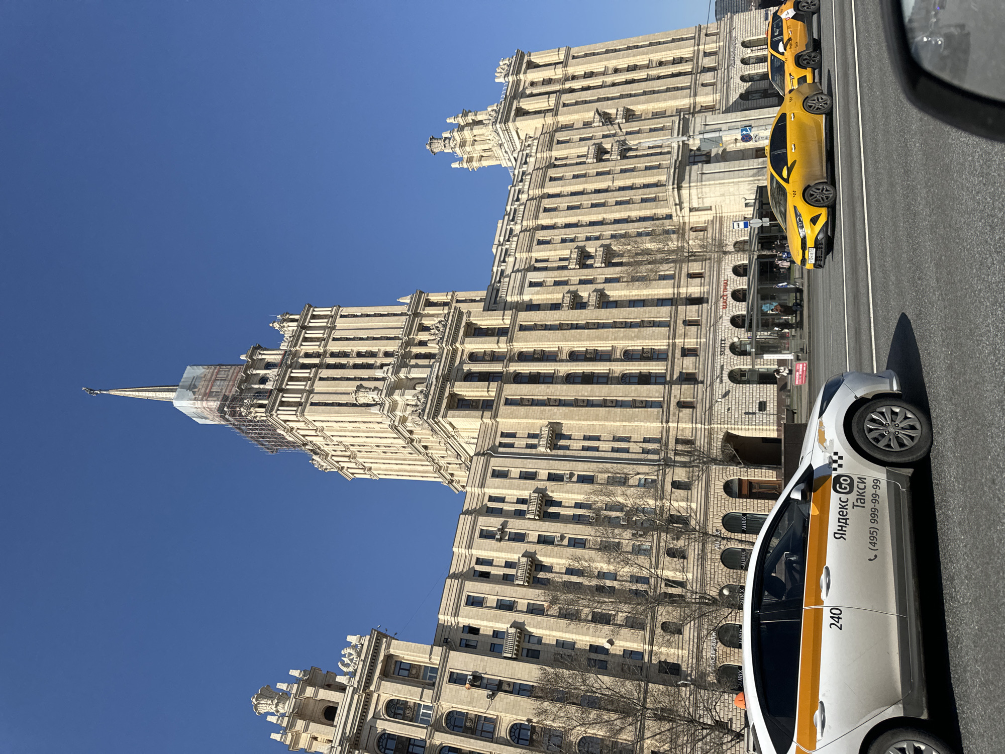 Moscow Seven Sisters skyscraper shows scaffolding during renovation work