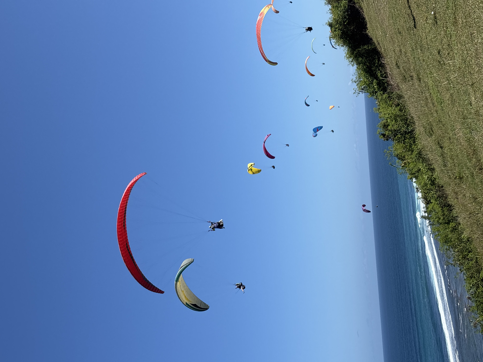 Paragliders soar over Kuta Selatan coastline during morning session