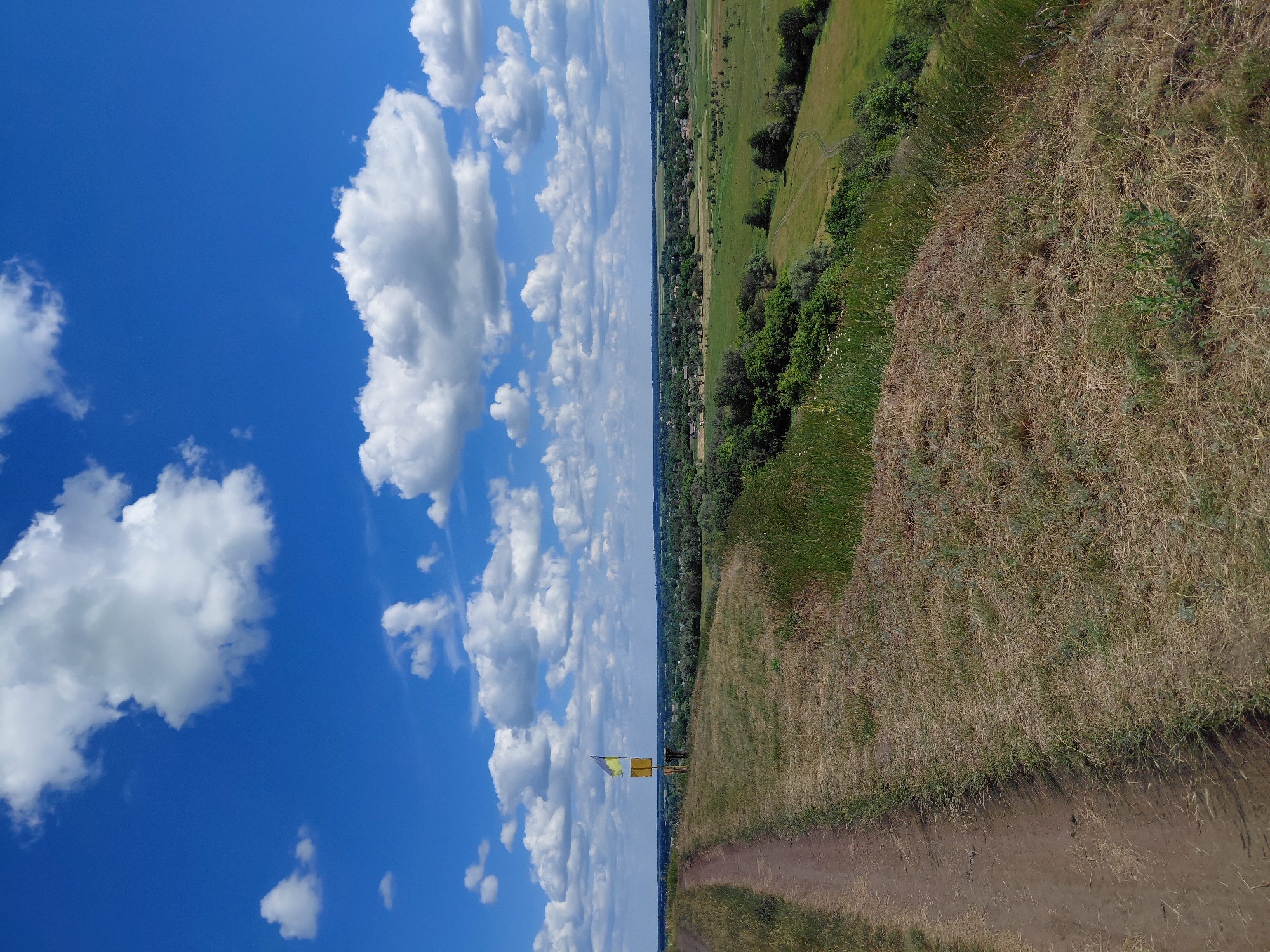 Hilltop viewpoint in rural Ustyvytsia with flag and countryside views
