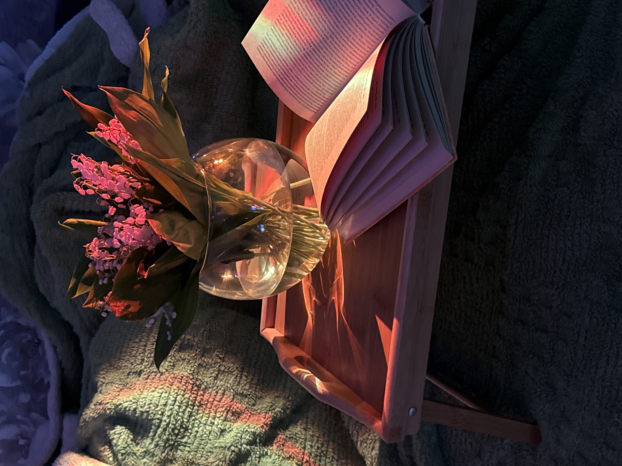 Evening tea ritual with flowers and book documented indoors