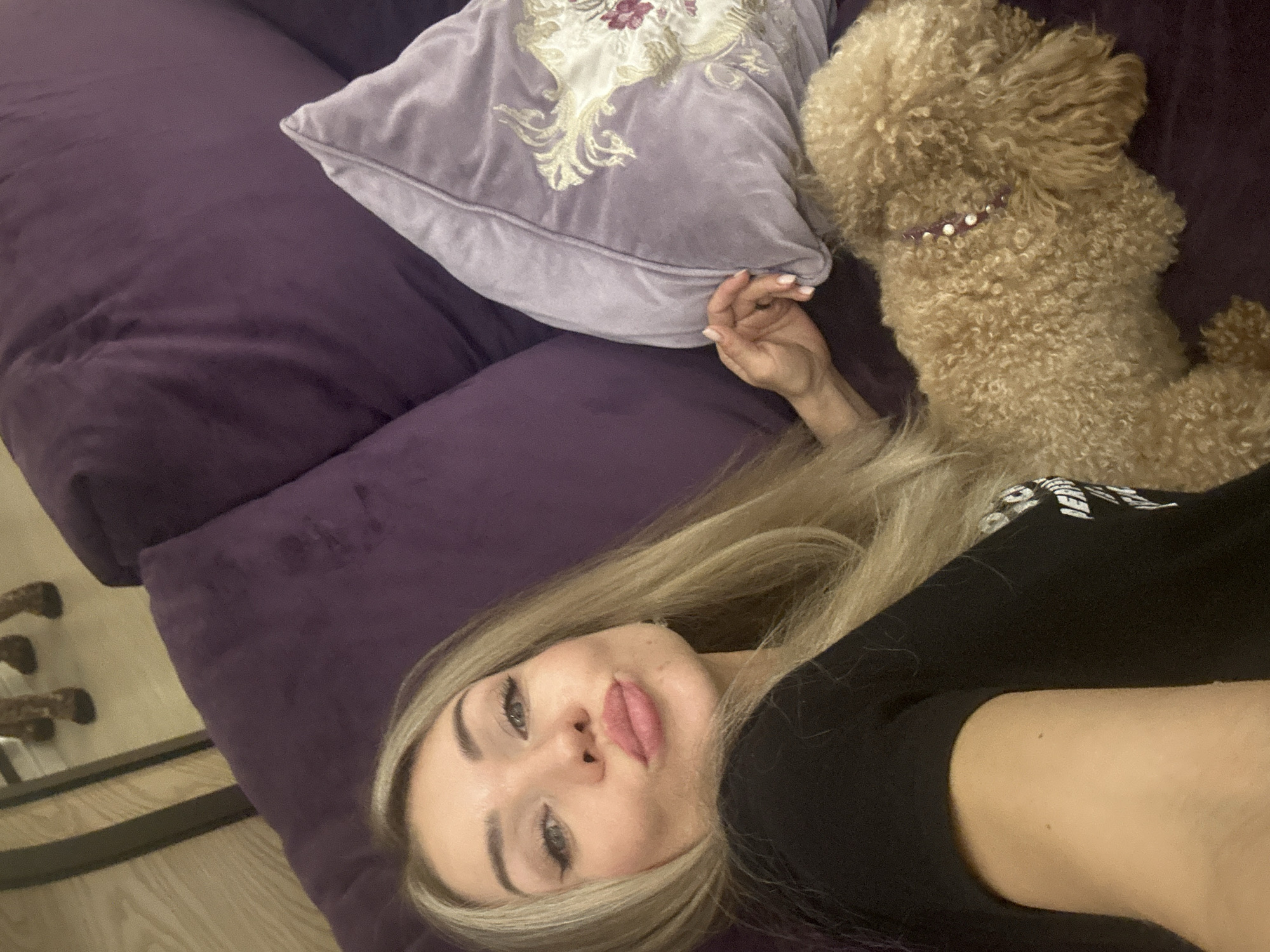 Woman relaxes with poodle on purple couch in Armavir