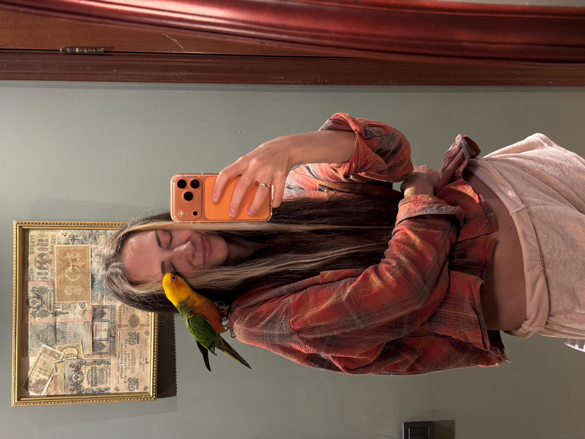 Mirror selfie with a colorful parrot in Khimki