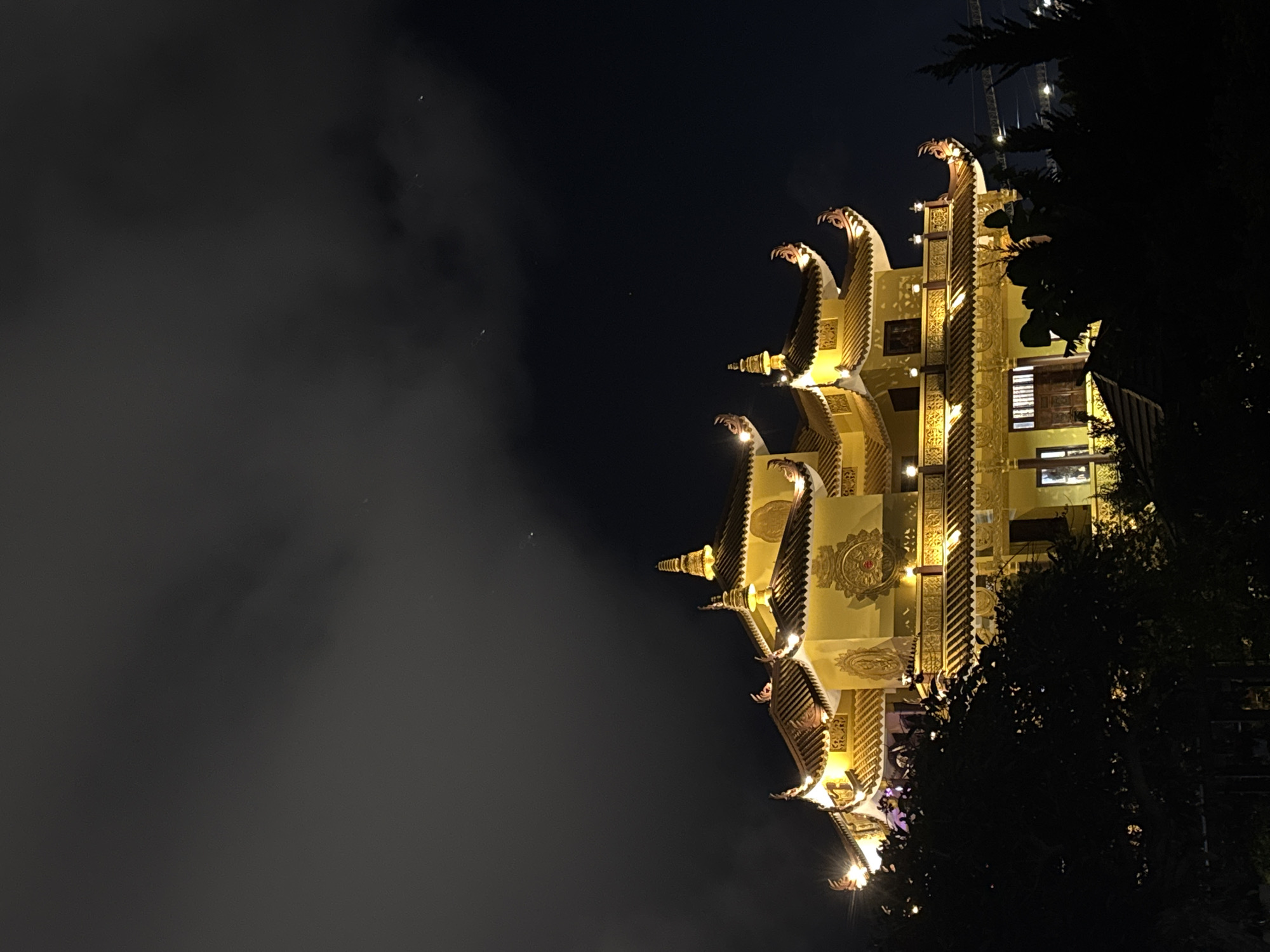 Ornate illuminated building with golden serpent decorations observed in Da Lat