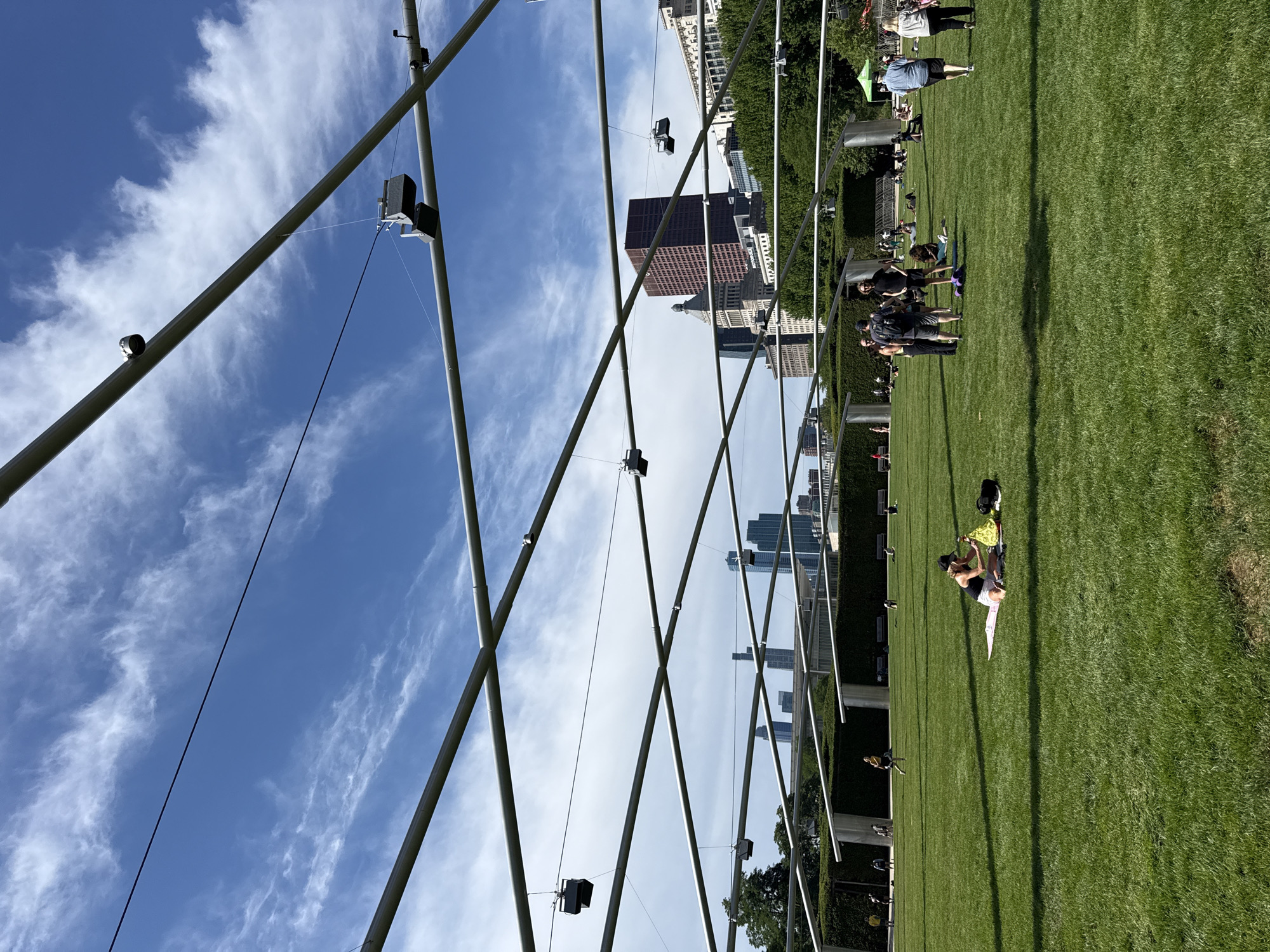 Outdoor yoga class on the lawn at Millennium Park