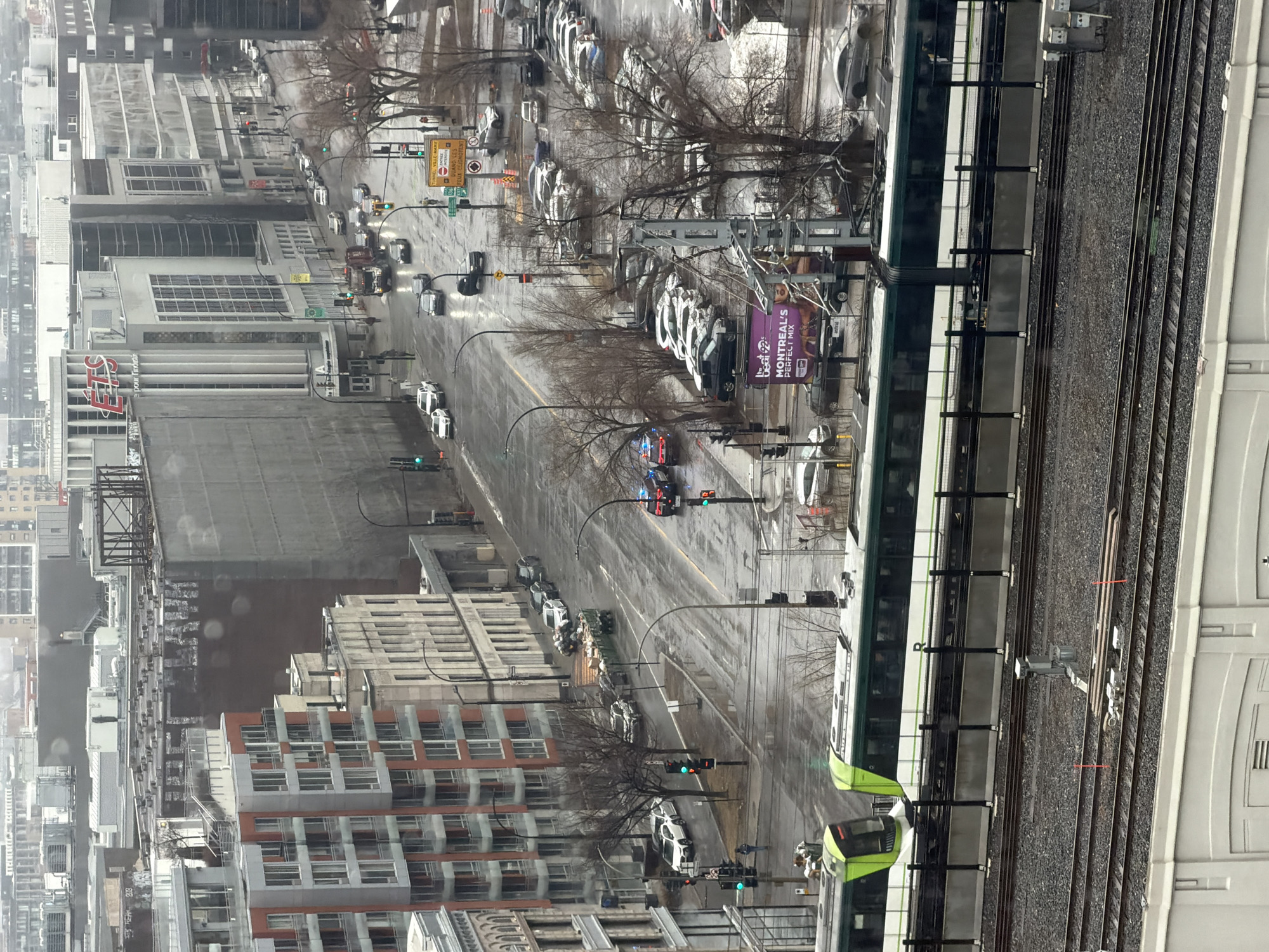 Aerial view captures rainy Montreal street scene