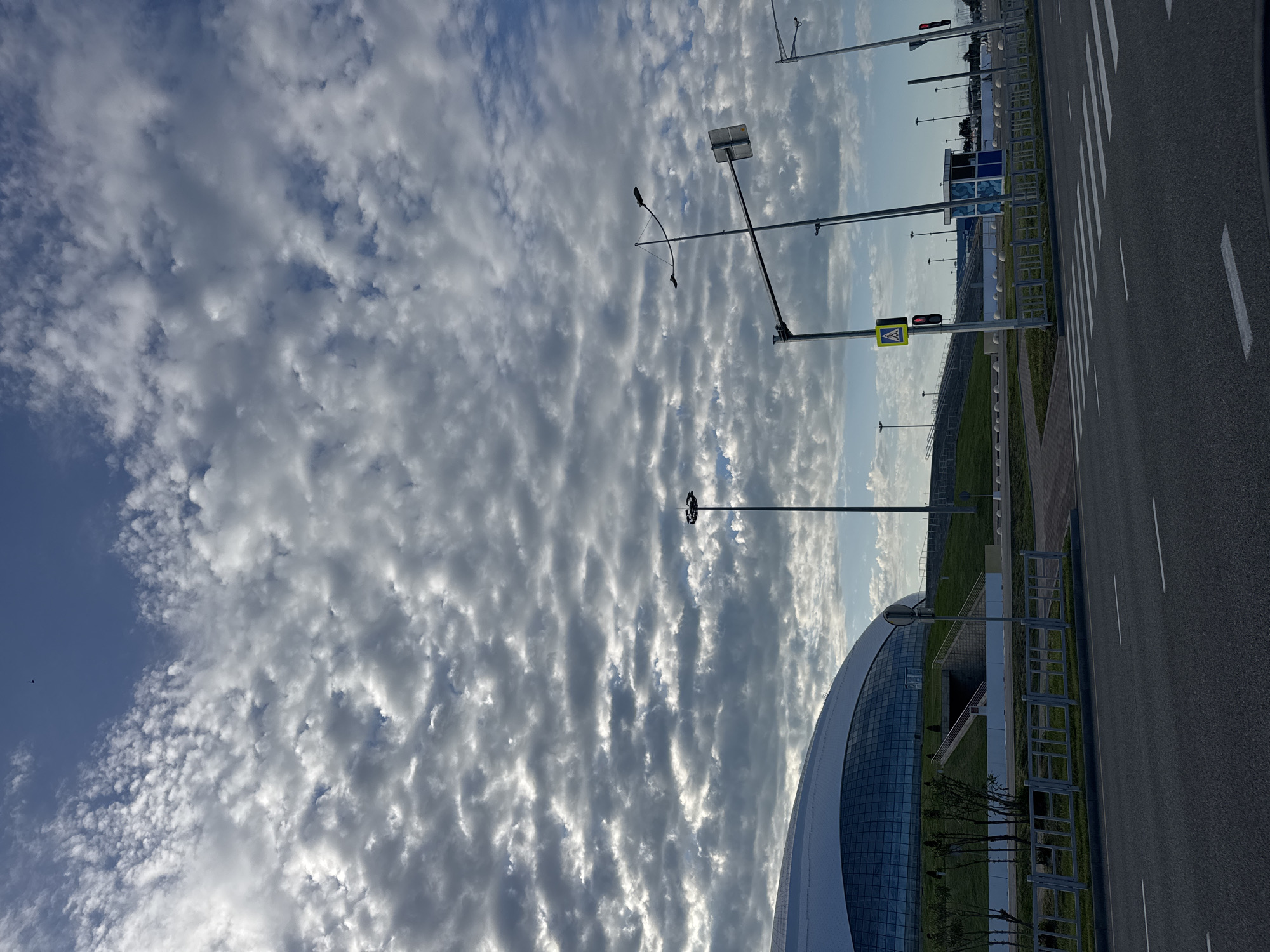 Modern architecture observed under striking clouds in Sirius, Russia