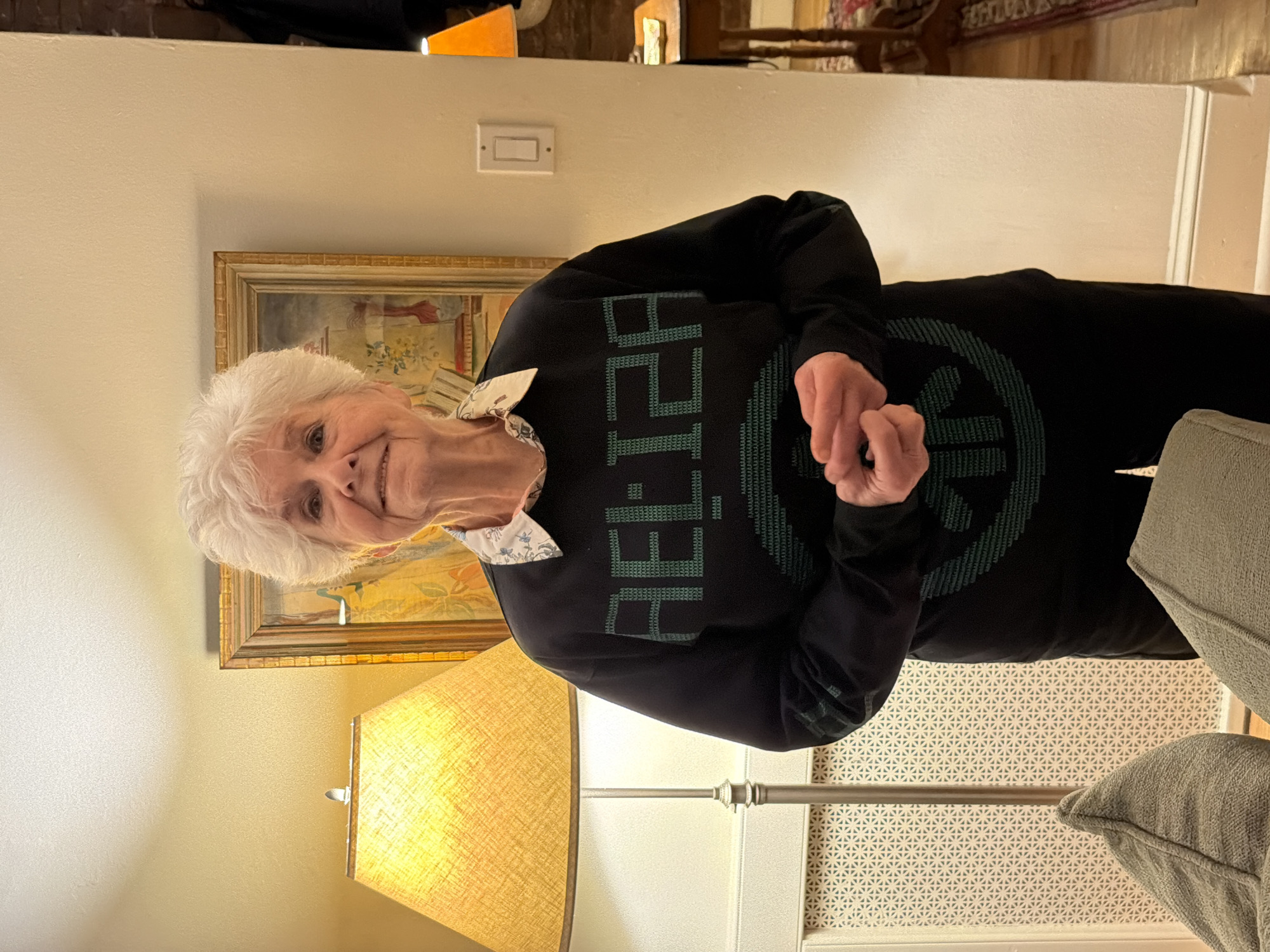 Woman in pixelated green lettered top observed in New York