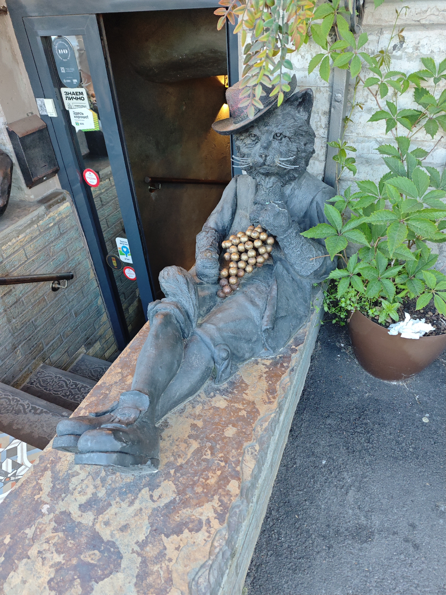 Cat statue and craft bar entrance observed in Saint Petersburg