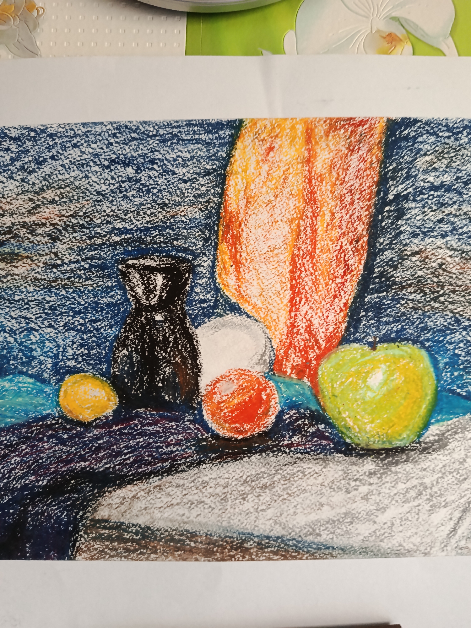 Still life artwork observed in Moscow featuring fruits and bottle