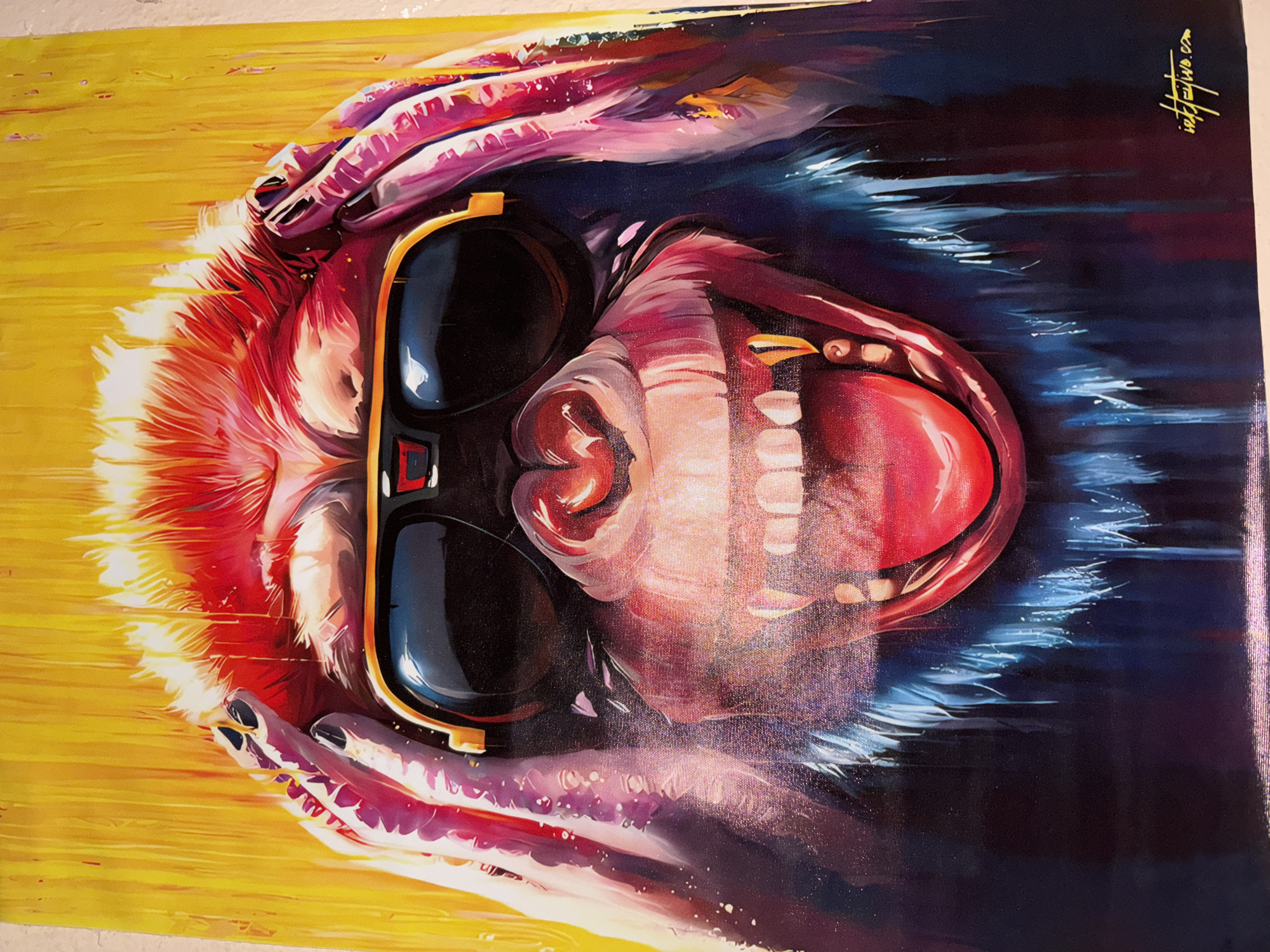 Chimpanzee painting with goggles spotted in Kravoder, Bulgaria