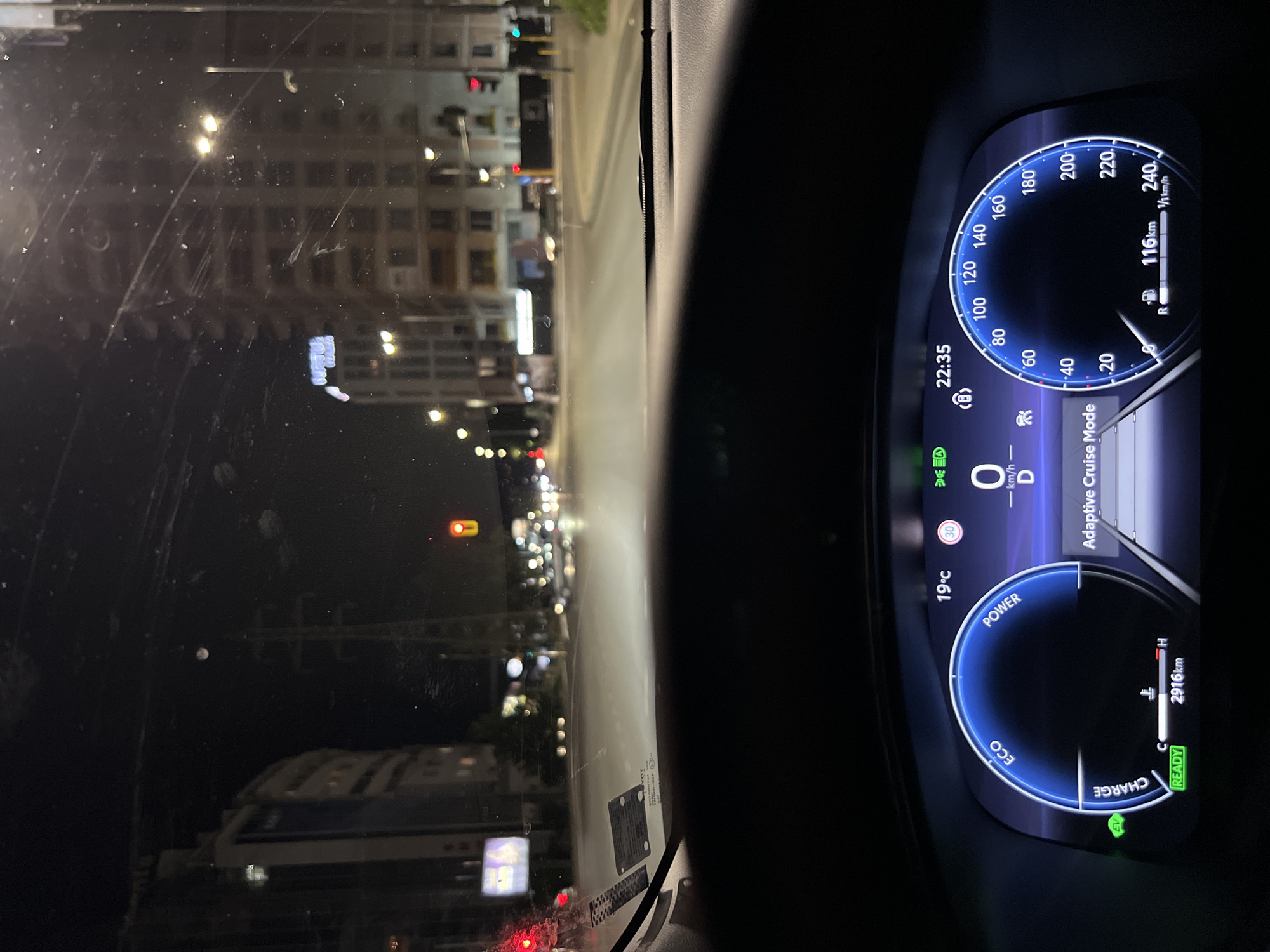 Night drive dashboard display in Sofia at 22:35