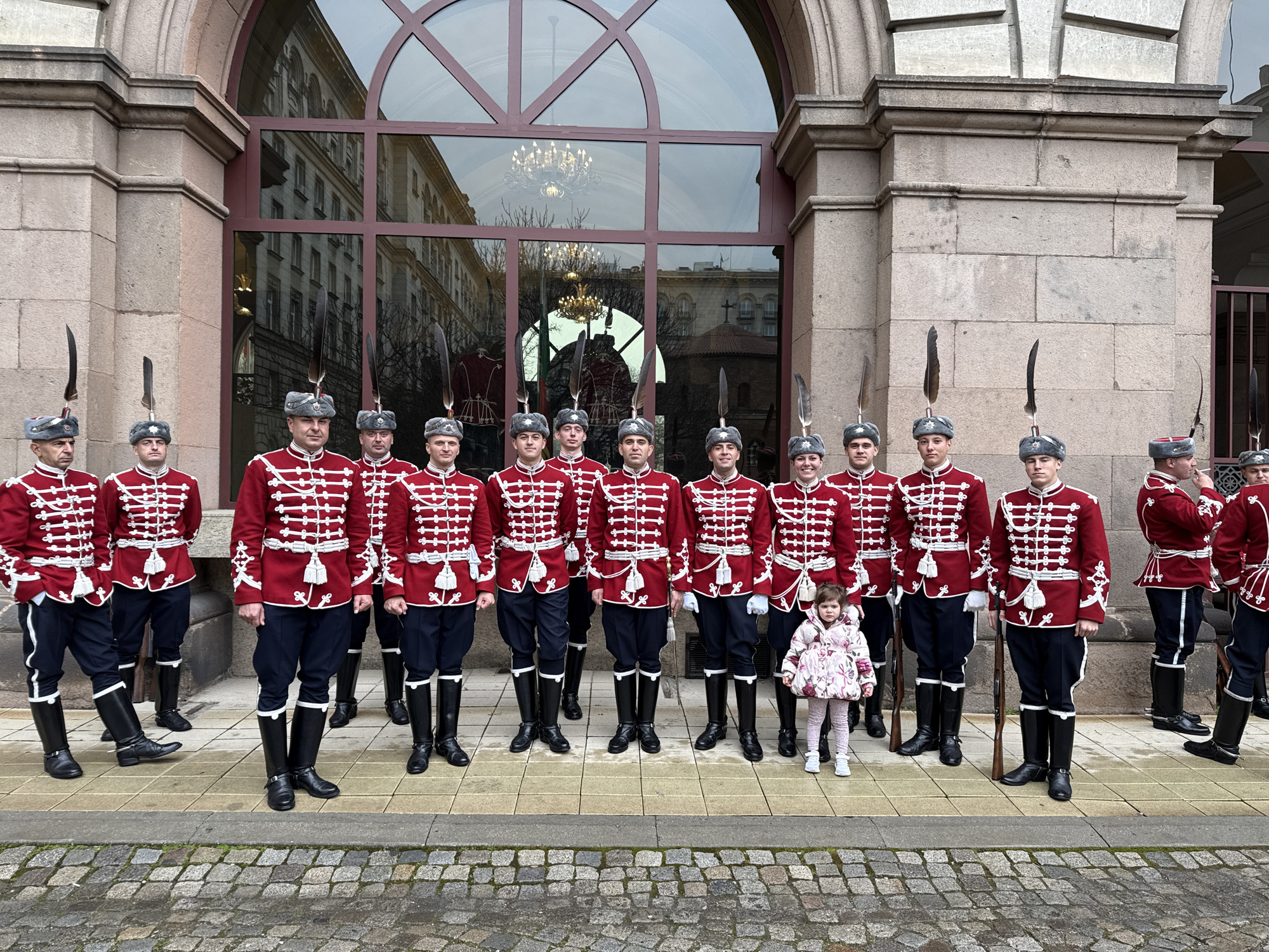 Bulgarian ceremonial guards in traditional uniforms photographed in Sofia