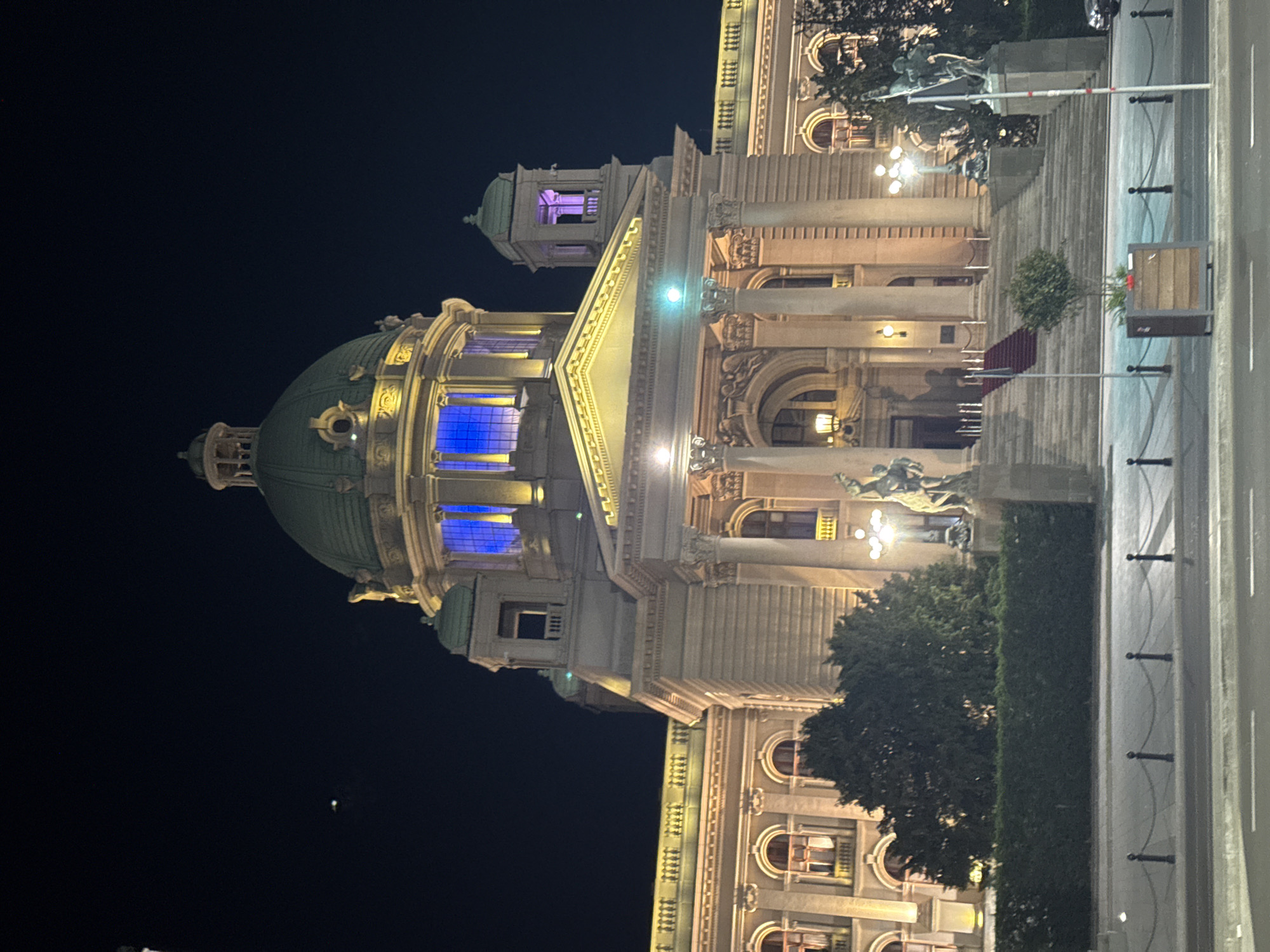 Belgrade's illuminated government buildings documented during evening hours