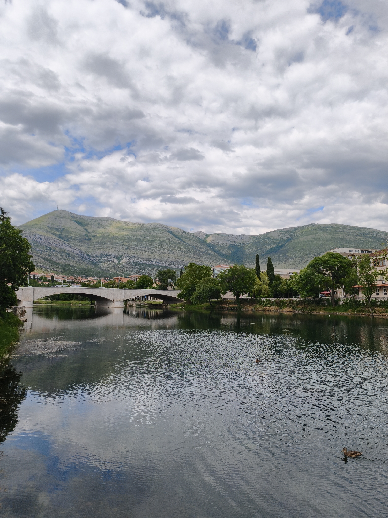 Boy feeds ducks at historic bridge in Trebinje