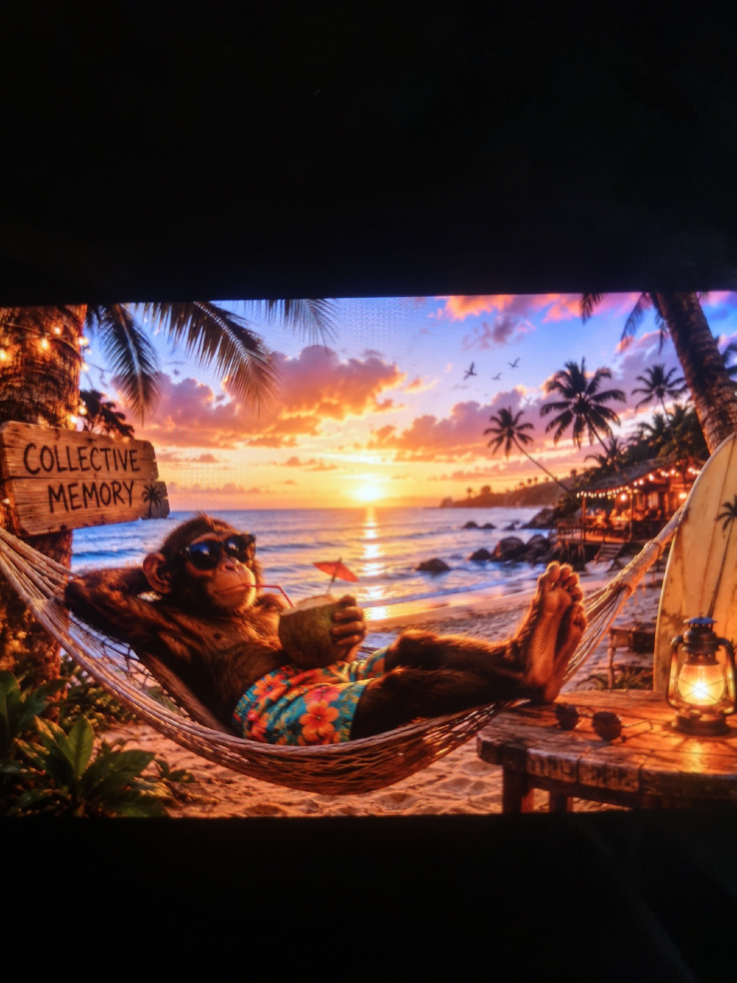 Digital displays show dressed animals in beach scenes