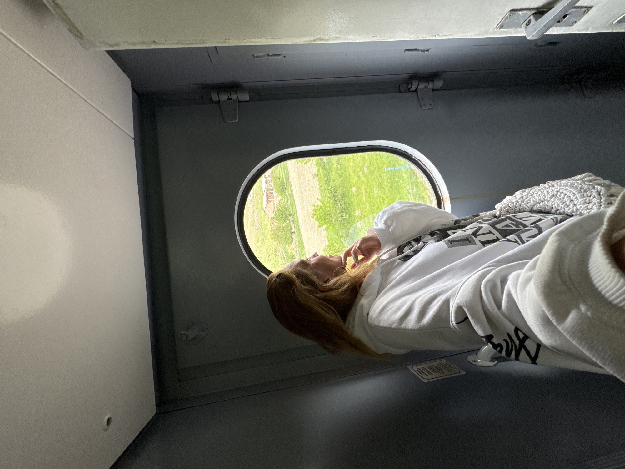 Train passenger gazes at rural landscape in Uzbekistan