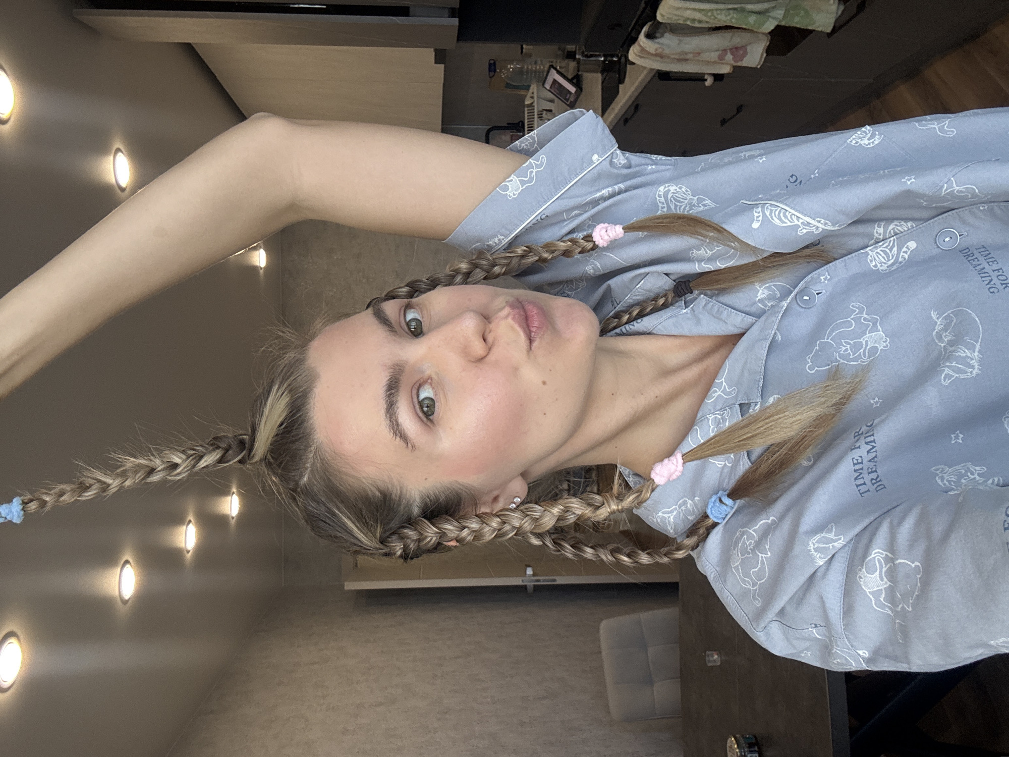 Morning domestic life captured in pajamas, cleaning, pets, cityscape