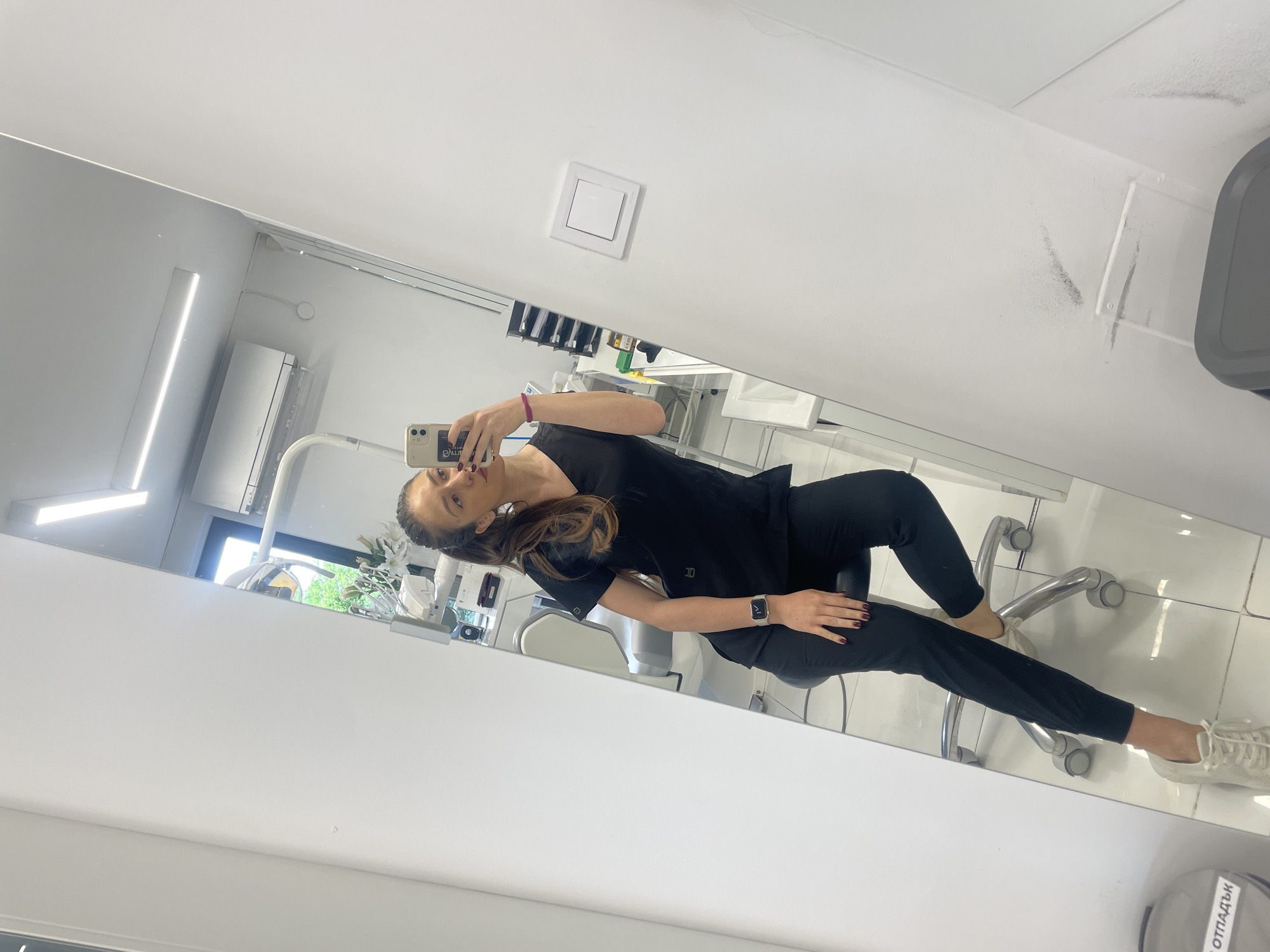 Morning selfie session captured in Sofia dental office, elevator