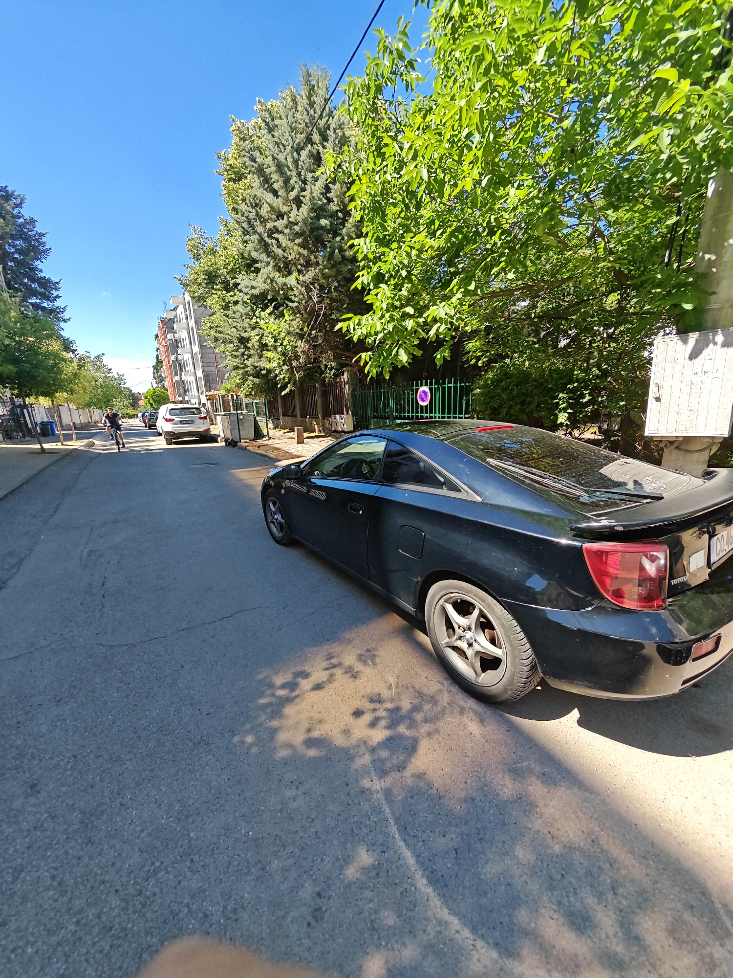 Urban street scene with parked Celica and blooming roses