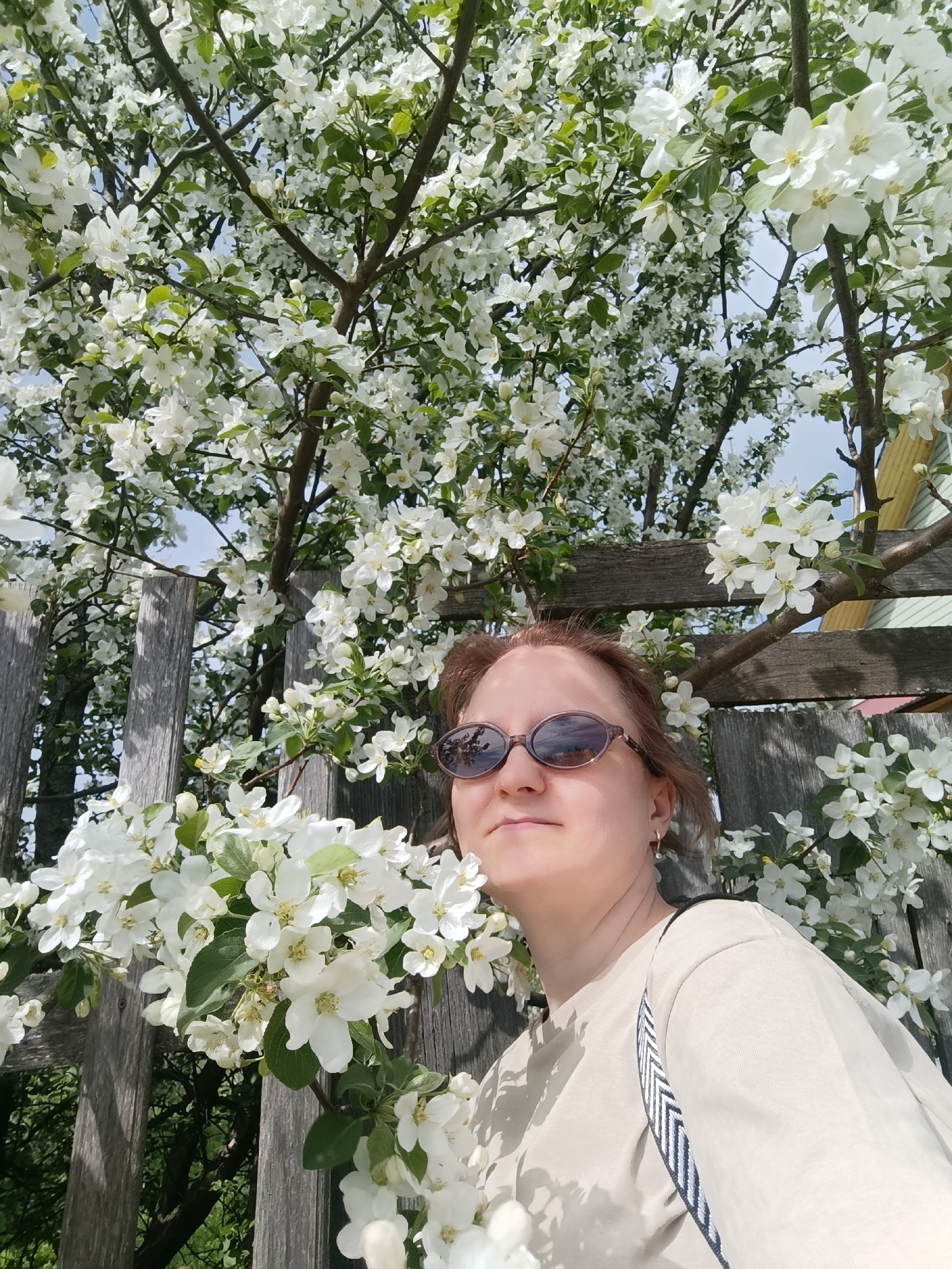 Woman poses among spring blossoms in Dubovaya, Russia