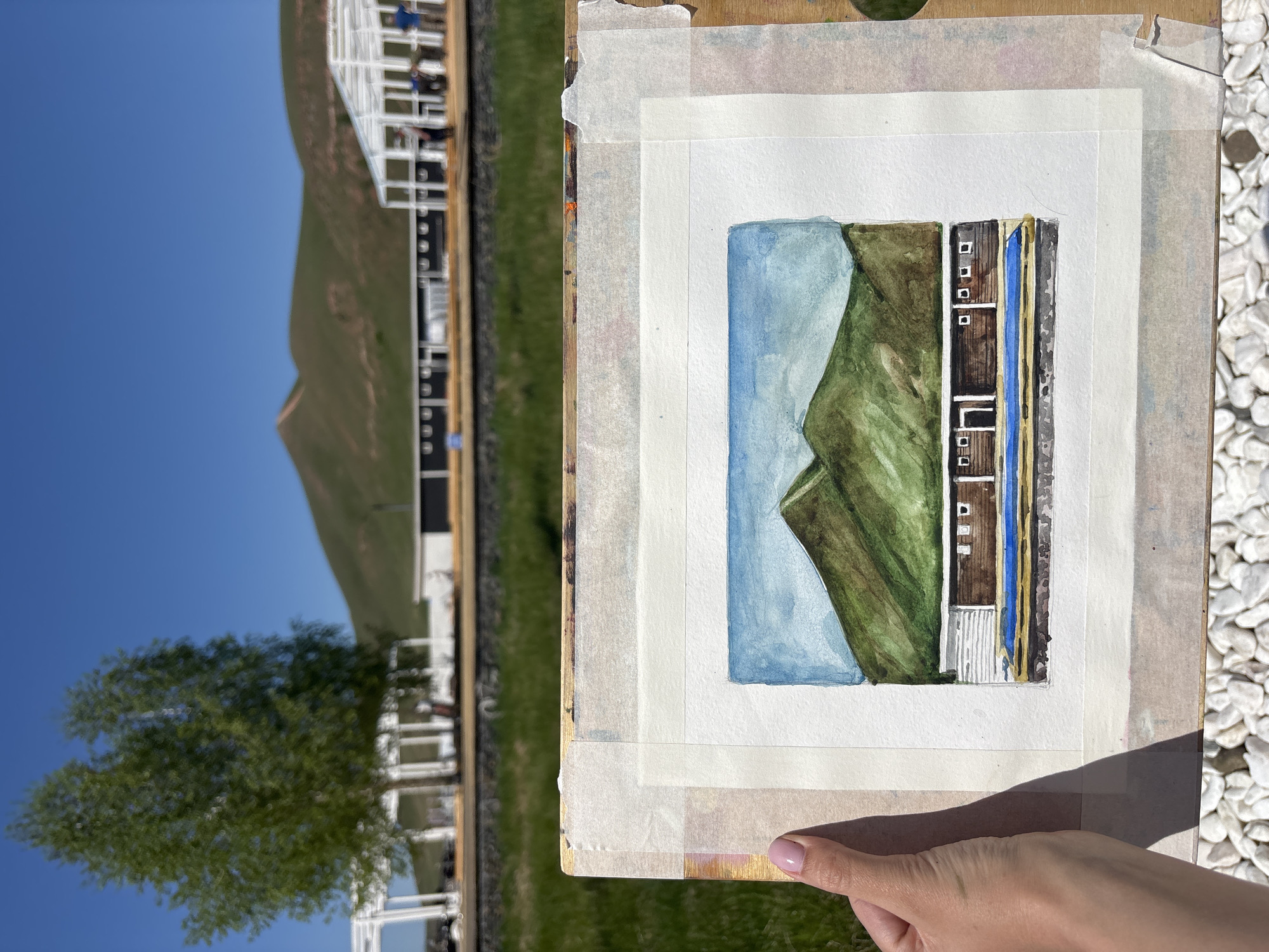 Artist documents early morning outdoor painting session in Drokino
