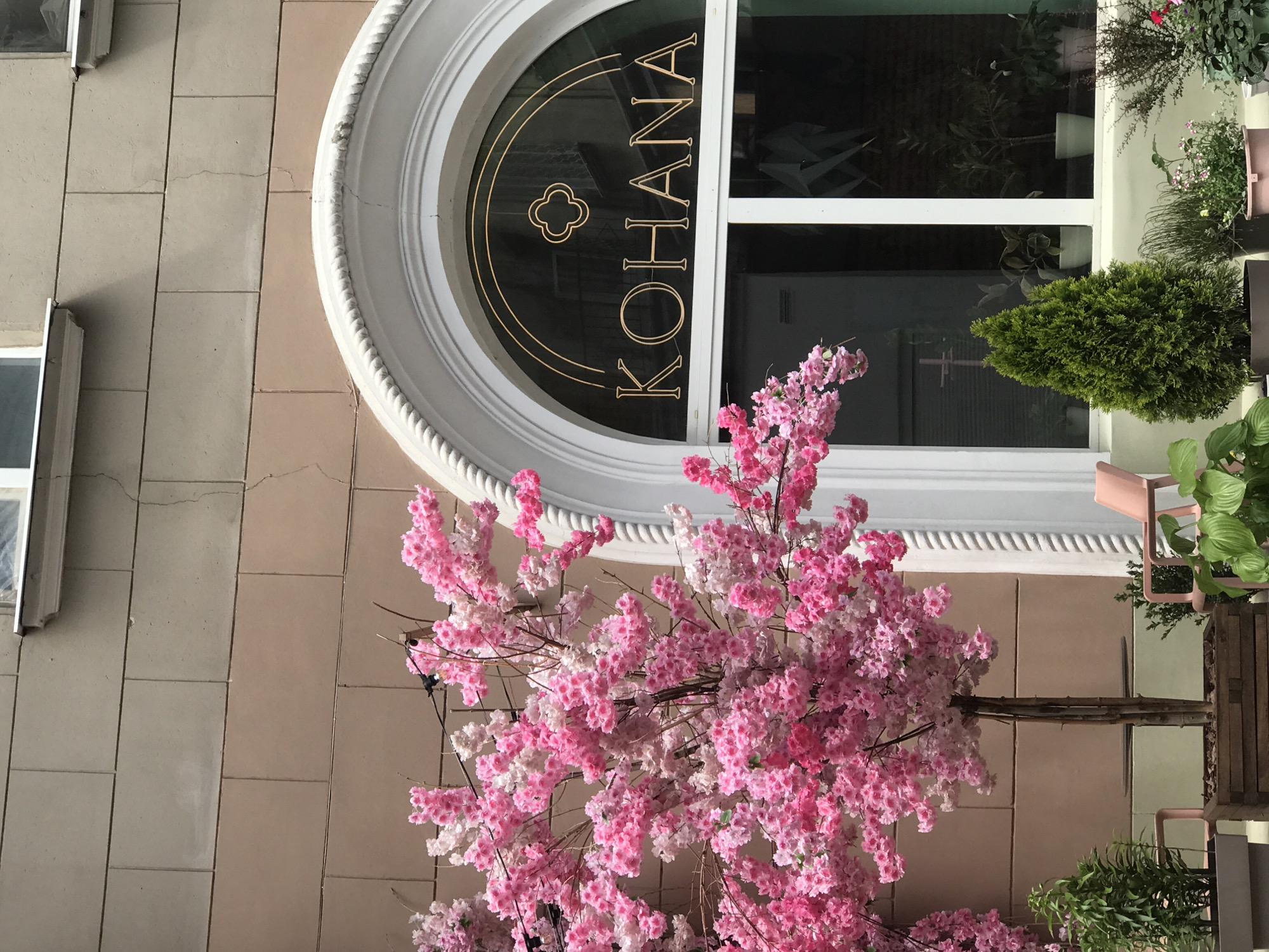 Artificial cherry blossoms decorate building facade in Kharkiv