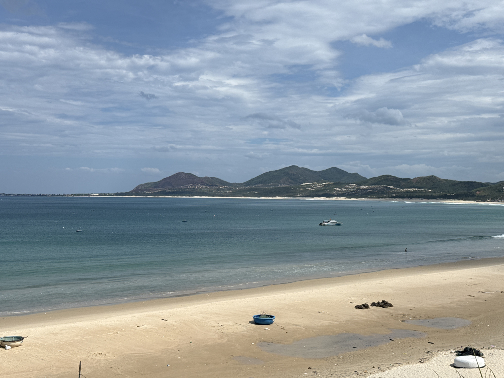 Laid-back morning at a tropical beach with boats and a dog