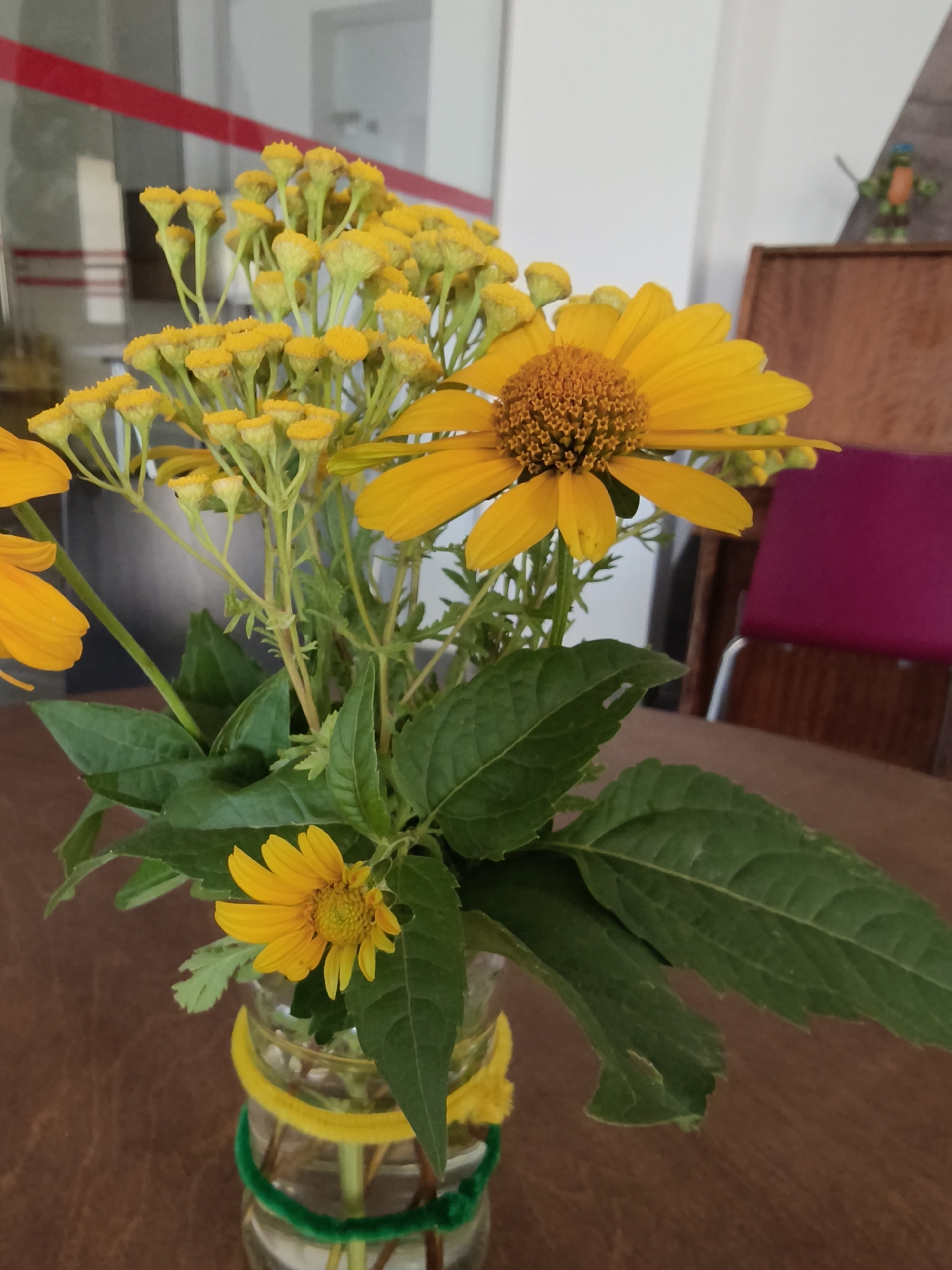 Yellow flowers in a pipe cleaner-decorated vase, Kryvyi Rih